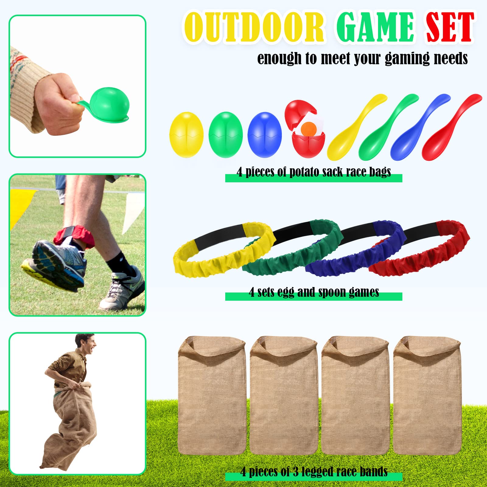 12-Pack Potato Sack Race Bags & Outdoor Lawn Games Set - Includes Egg Spoon Race & 3-Legged Relay Race Bands - Perfect for Carnival, Birthday Parties, Family Reunions & Backyard Fun (Great for Kids & Adults)