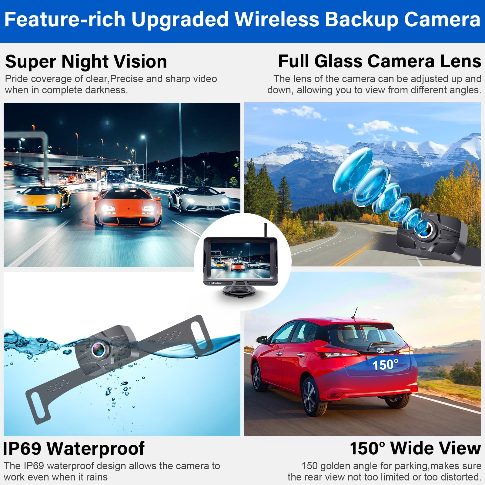 LK2 Wireless Backup Camera - 5 Inch HD 1080P Monitor with Stable Digital Signal & No Delay, Bluetooth Rear View Camera with Auto-Switching & Night Vision for Trucks, Cars, Pickups, SUVs, Campers - Easy Installation for Safe Parking & Reversing