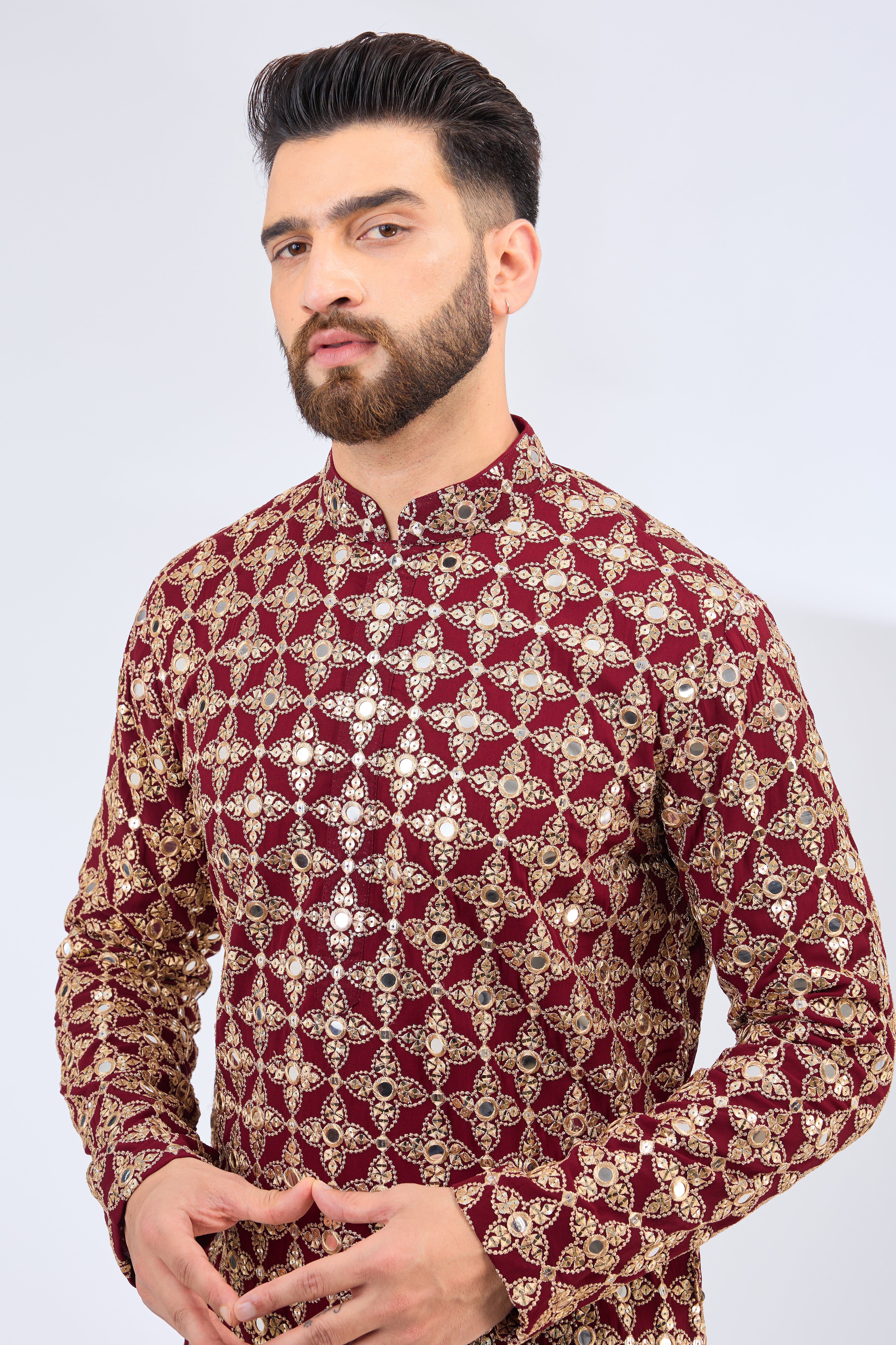 Elegant Maroon Mirror Work Kurta with Zari Embroidery - Traditional Indian Ethnic Wear for Festivals & Weddings