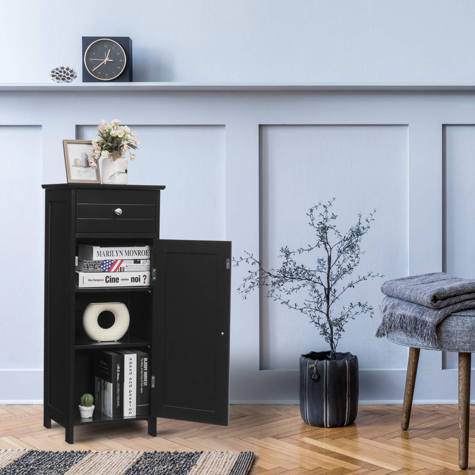 GLACER Floor Storage Cabinet with 2 Adjustable Shelves - Multifunctional Bathroom & Living Room Organizer, 14 x 12 x 34.5 Inches, Black - Perfect for Small Spaces, Bathroom Essentials & Home Decor Storage