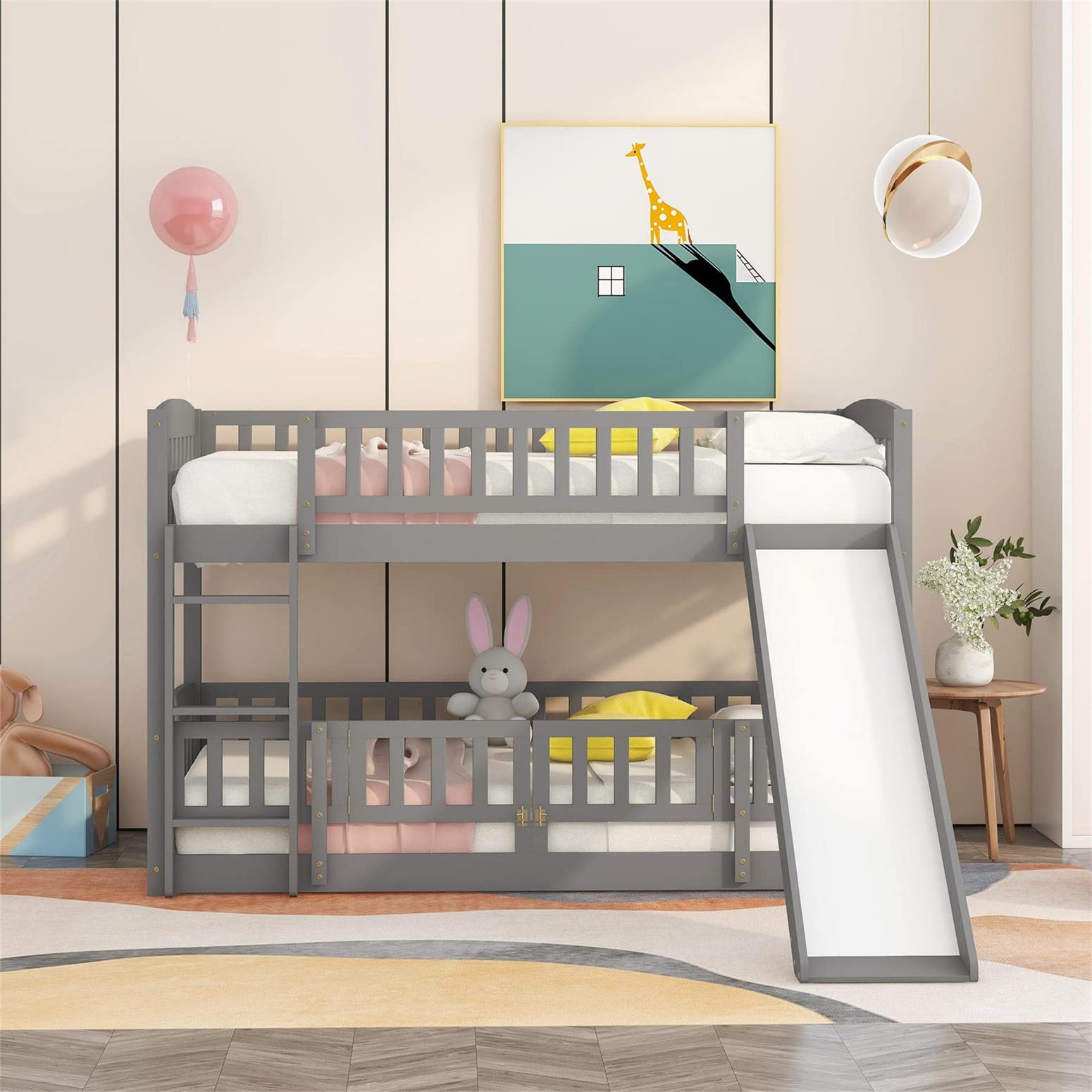 Harper & Bright Designs Twin Over Twin Low Bunk Bed with Slide - Wooden Floor Bunk Bed Frame with Safety Rails for Kids, Toddlers, Boys & Girls - Space Saving Kids Bedroom Furniture (Gray) - Perfect for Small Rooms, Shared Kids Bedrooms & Sleepovers