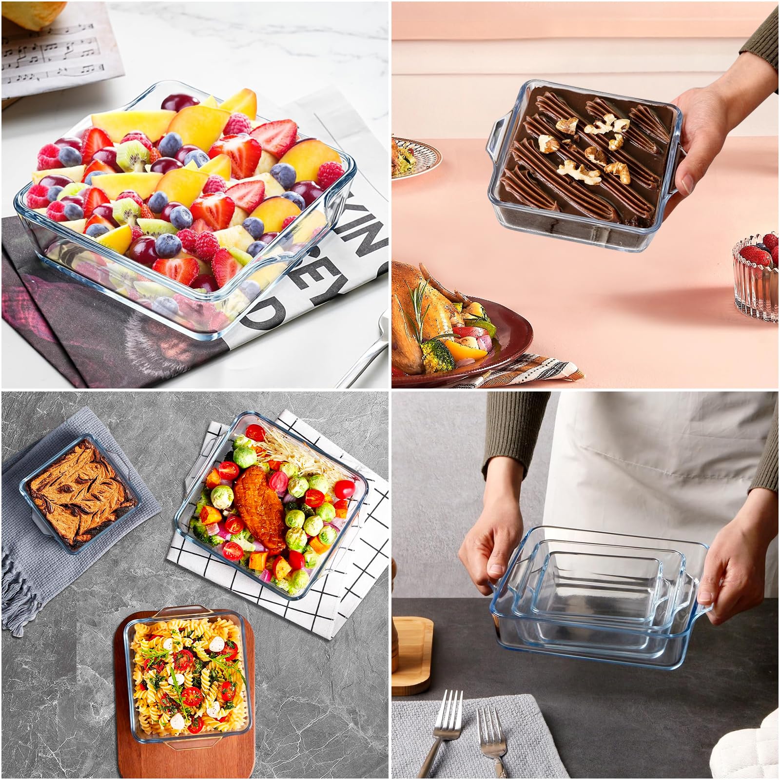 2PCS Square Glass Baking Pan With Handles - 1.5 Liter Borosilicate Glass Bakeware Set, Oven Safe, Microwave & Air Fryer Compatible - Perfect for Individual Portion Desserts, Casseroles & Meal Prep