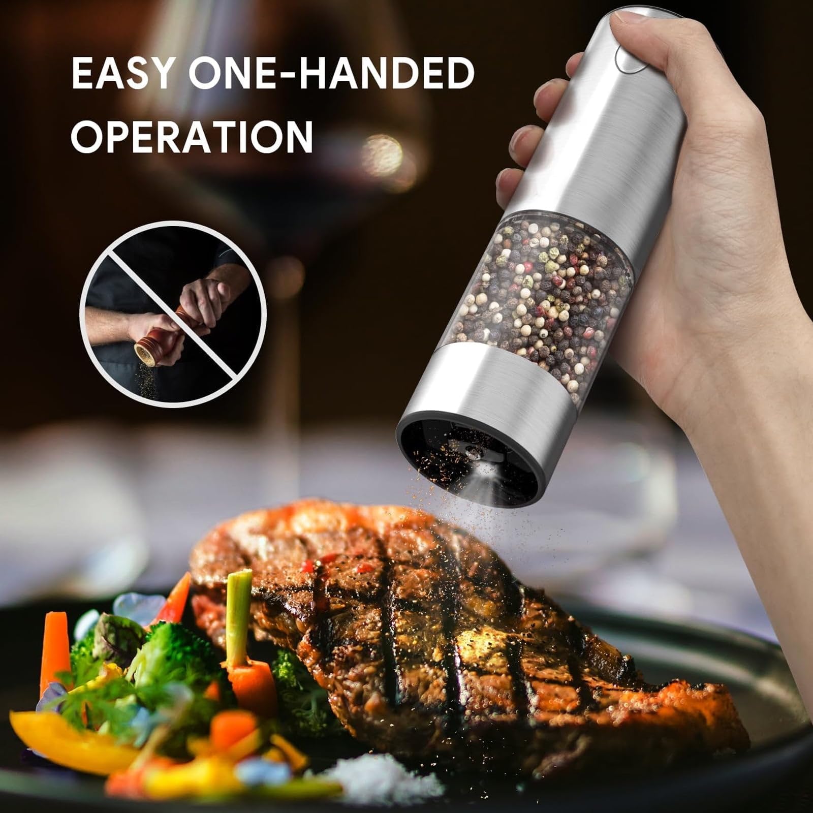 Premium Electric Salt and Pepper Grinder Set - USB-C Rechargeable Stainless Steel Mill with Adjustable Coarseness, Large Capacity & LED Light - 2 Pack with Tray Base - Perfect for Kitchen, Dining Table & Outdoor BBQ