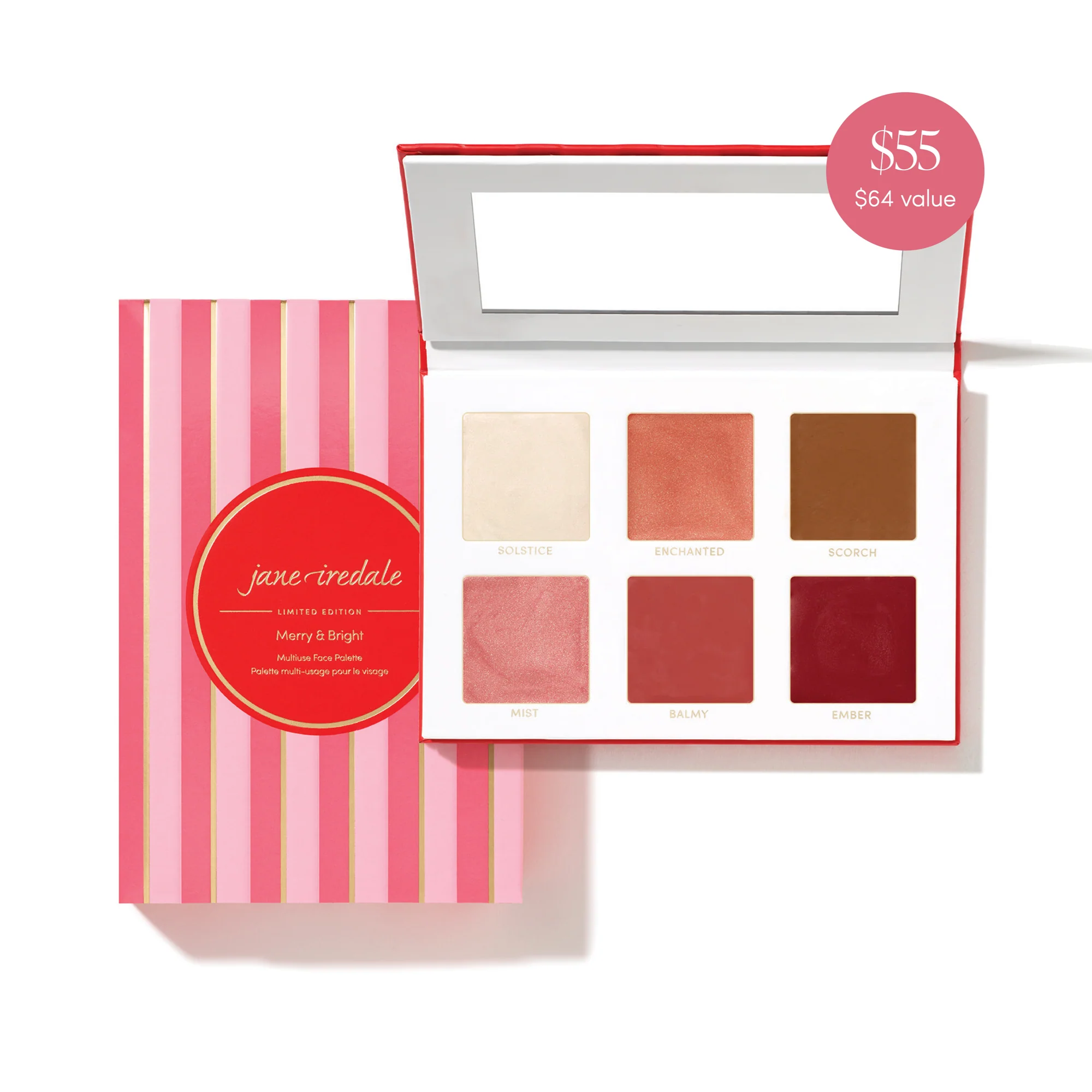 Jane Iredale Merry & Bright Multiuse Face Palette - Vegan Makeup Kit with Blush, Highlighter & Bronzer for Contouring & Glowing Skin | Perfect for Holidays, Parties & Everyday Wear