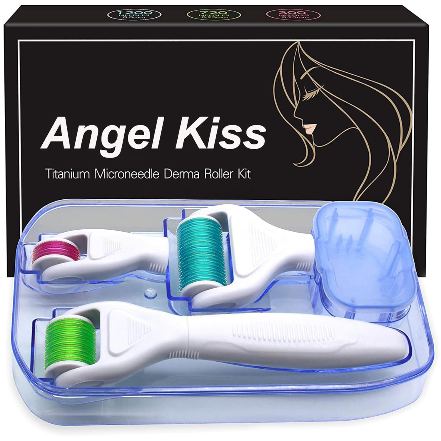 Angel Kiss 4-in-1 Titanium Derma Roller Kit for Face & Body - 0.25mm (300/720 Needles) & 0.3mm (1200 Needles) Microneedling Roller for Microdermabrasion - Skin Care Treatment for Men & Women - Perfect for Anti-Aging, Acne Scars & Hair Growth