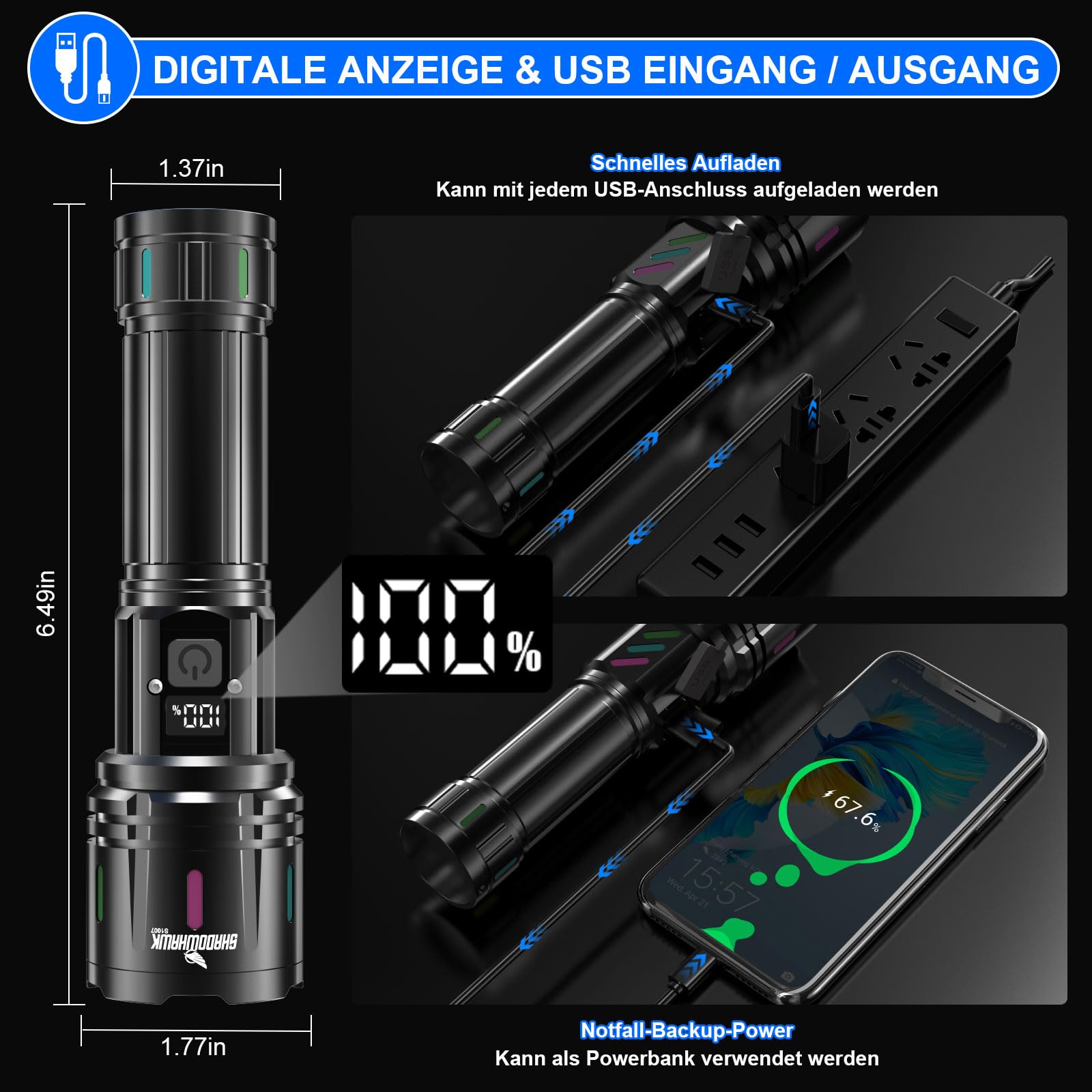 Shadowhawk XHM90.2 Ultra Bright 500,000 Lumen Rechargeable LED Flashlight - USB Tactical Flashlight with Waterproof Design for Outdoor, Camping, Hiking, Emergency & Survival Situations