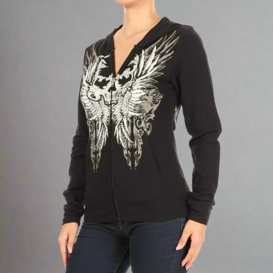 Gothic Women's Rhinestone Skull Wing Hoodie - Edgy Gothic Fashion for Women | Perfect for Halloween, Concerts & Streetwear Outfits