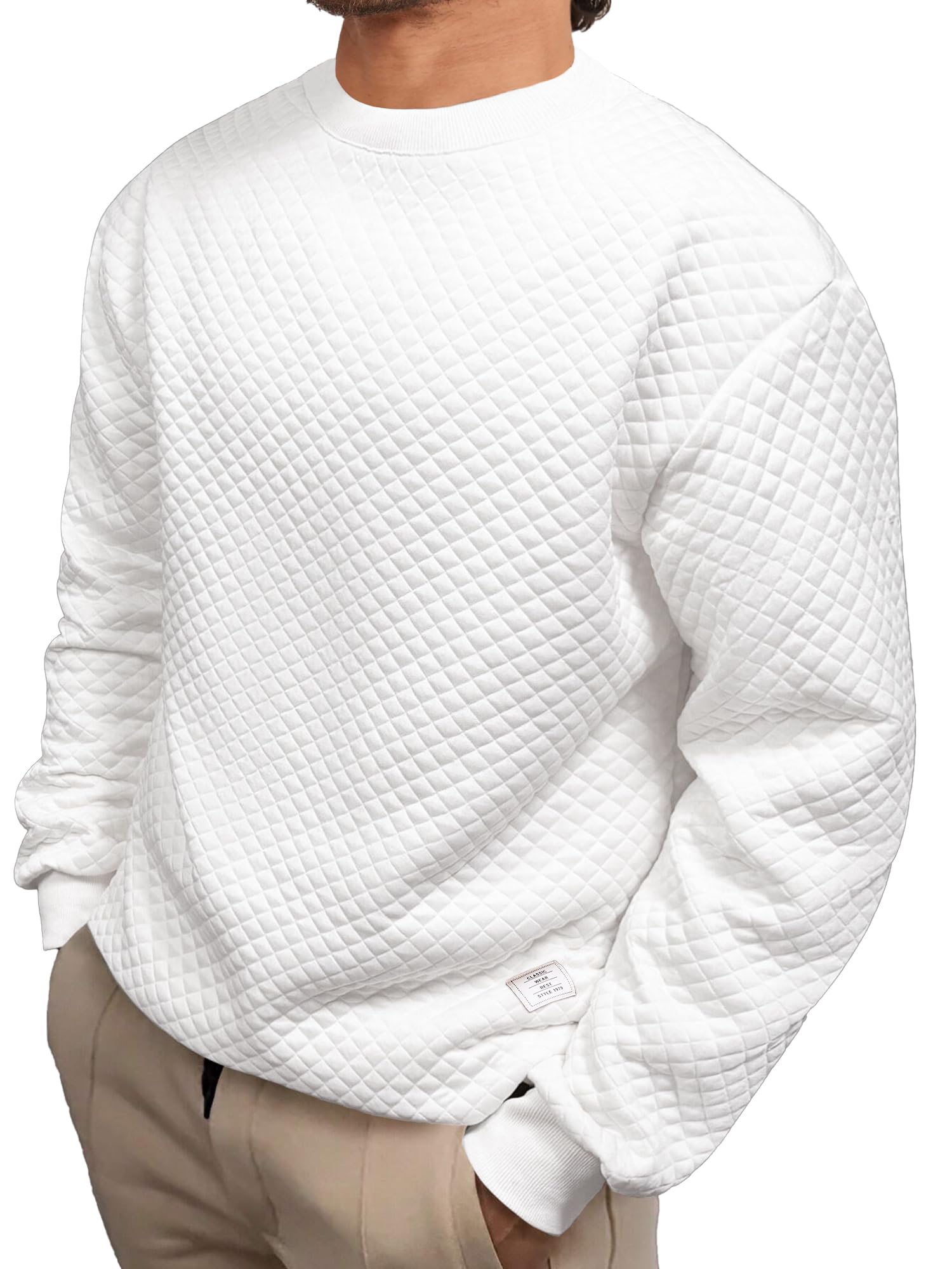 Men's Solid Color Diamond Grid Texture Crewneck Sweatshirt - Long Sleeve Casual Pullover Shirt for Everyday Wear, Street Style & Layering Outfits