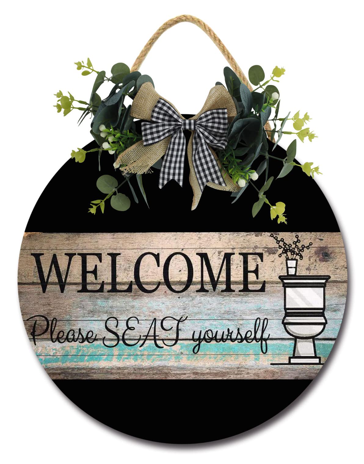 Farmhouse Bathroom Door Sign - Welcome Please Seat Yourself - 12 Inch Rustic Wood Hanging Wall Art for Home or Office Decor - Perfect for Powder Rooms, Guest Bathrooms & Farmhouse Style Interiors