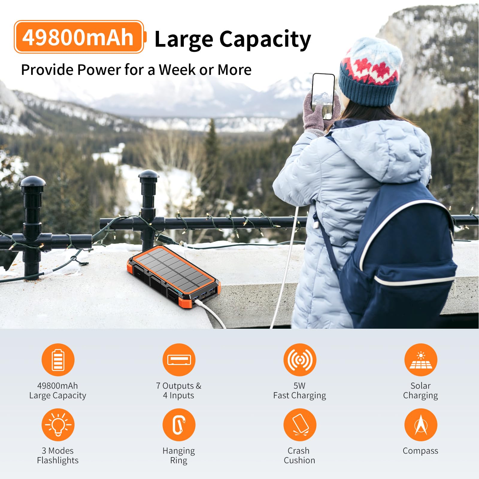 **49800mAh Solar Power Bank with Wireless & QC 3.0 Fast Charging - 8 Outputs, 4 Inputs, SOS Flashlight - Portable Charger for iPhone, Android, Tablets - Perfect for Camping, Hiking & Emergency Power (Orange)**