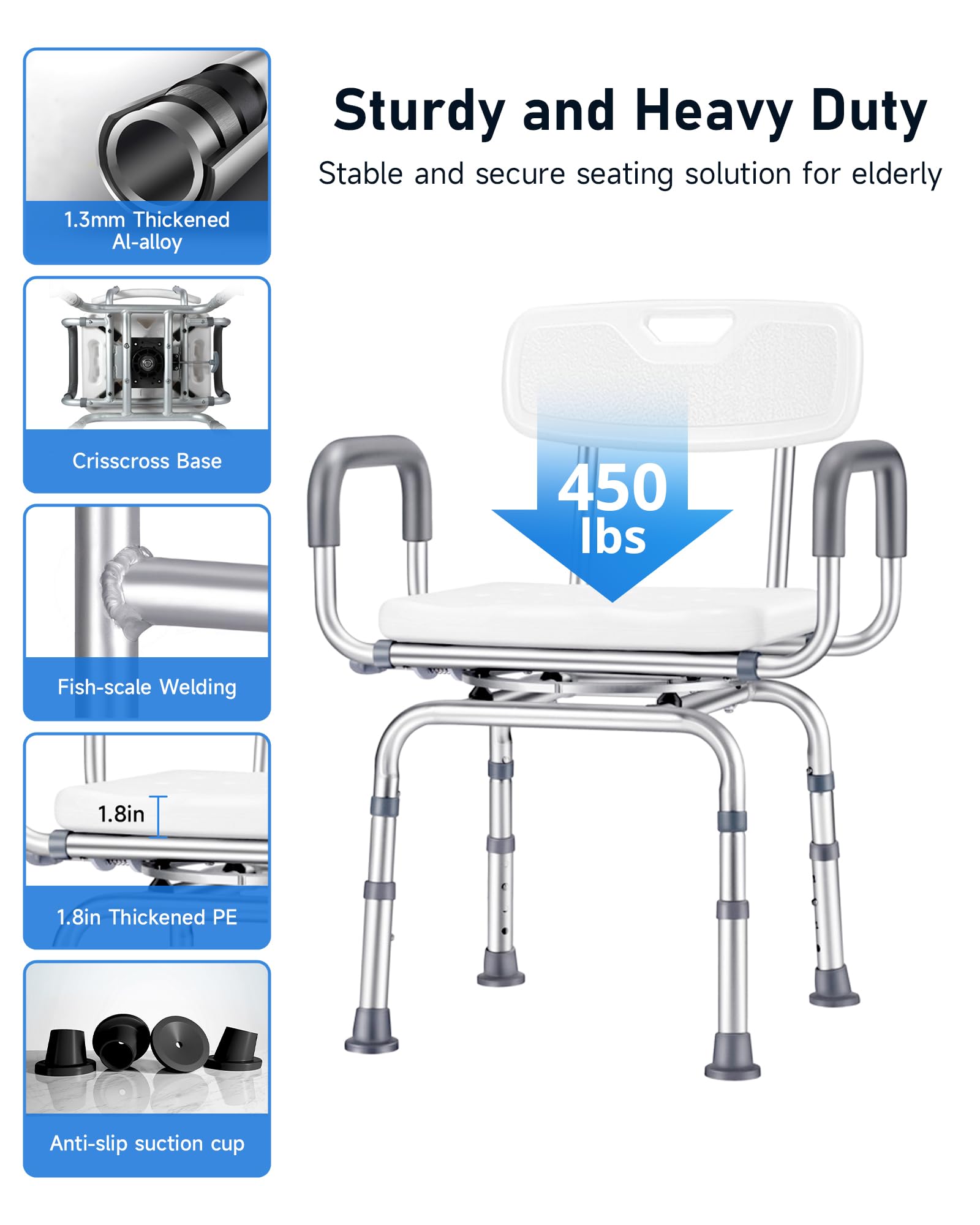 **Swivel Shower Chair with Arms & Back – Adjustable Height Bath Seat for Seniors & Disabled – Heavy Duty 450LB Capacity – Non-Slip Shower Stool for Elderly & Adults – Ideal for Bathroom Safety & Mobility Assistance**    *(Use Cases: Perfect for elderly care, post-surgery recovery, disability support, and safe bathing at home.)*