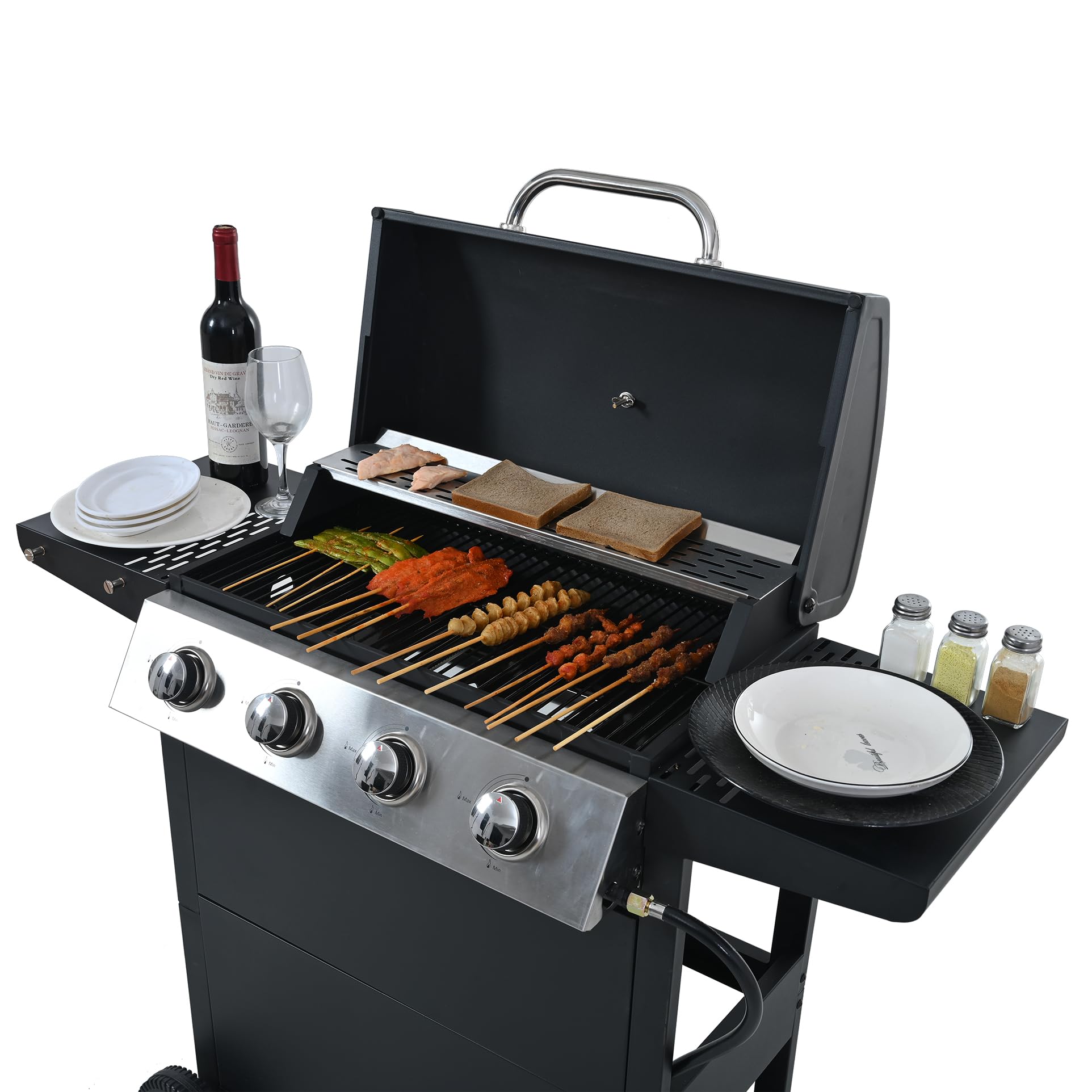 4 Burner Propane Gas Grill with Wheels - Heavy-Duty Stainless Steel Outdoor BBQ Grill for Backyard, Garden & Patio - Perfect for Family Gatherings, Camping & Tailgating Parties