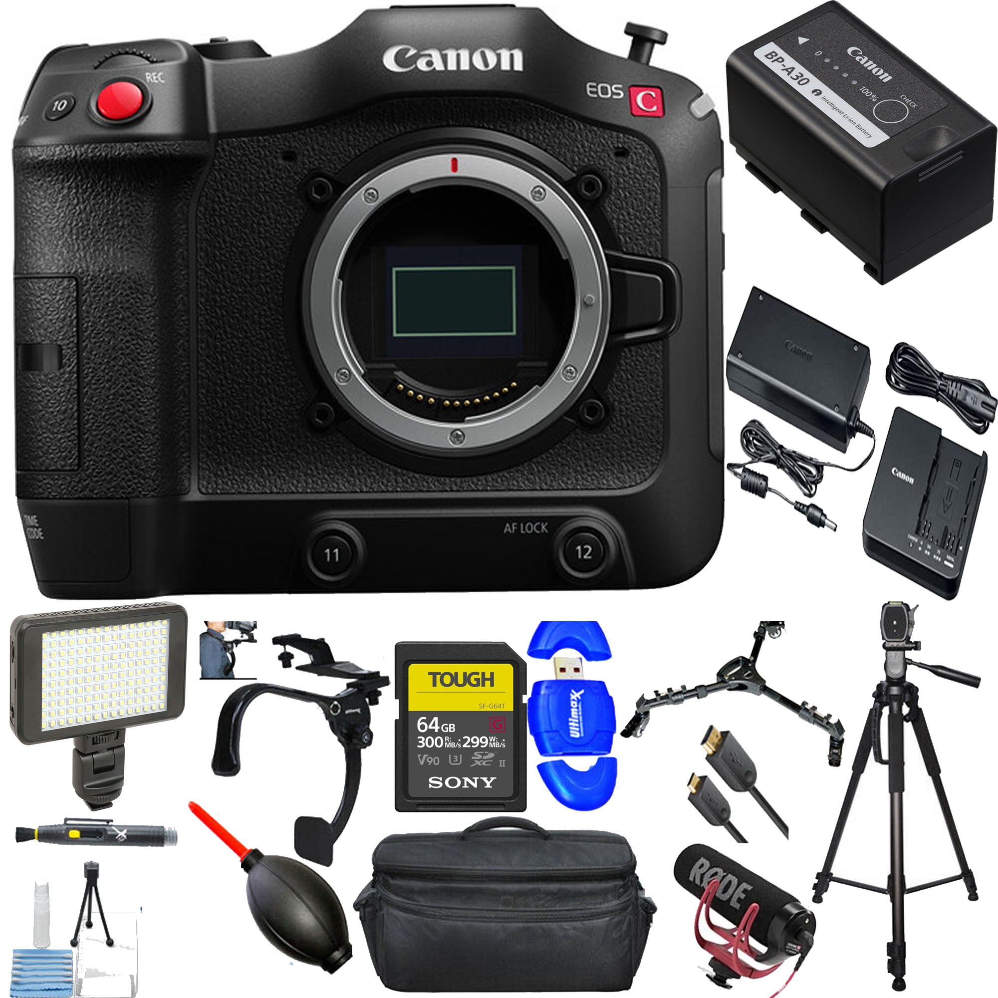Canon EOS C70 Cinema Camera with RF Lens Mount - Professional 4K Video Camera Kit with Sony Tough 64GB SD Card, 150 LED Light, Tripod & Dolly | Perfect for Filmmaking, YouTube Videos & Live Streaming