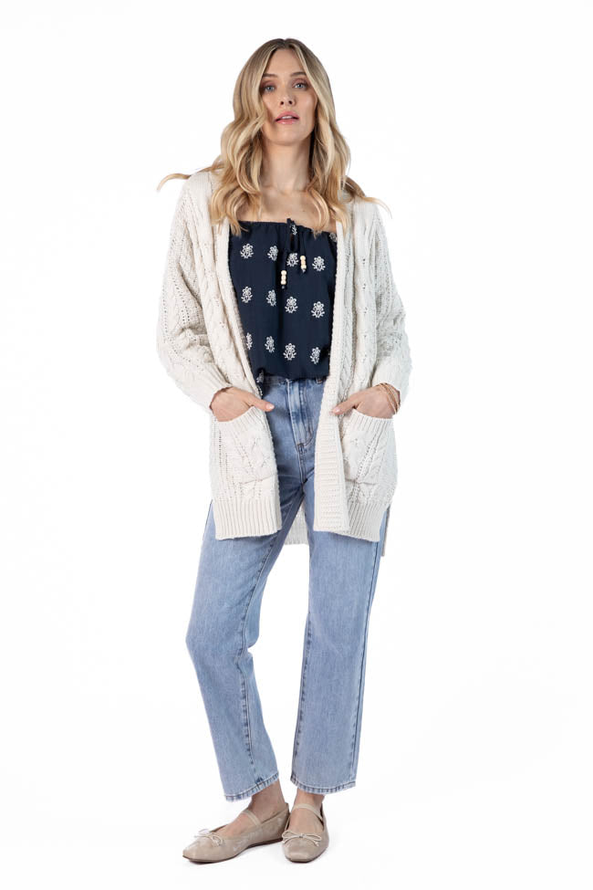 Sweet Nothings Cream Chunky Cable Knit Cardigan Sweater - Cozy Winter Oversized Open Front Women's Pullover | Perfect for Fall Layering, Christmas Outfits & Casual Office Wear