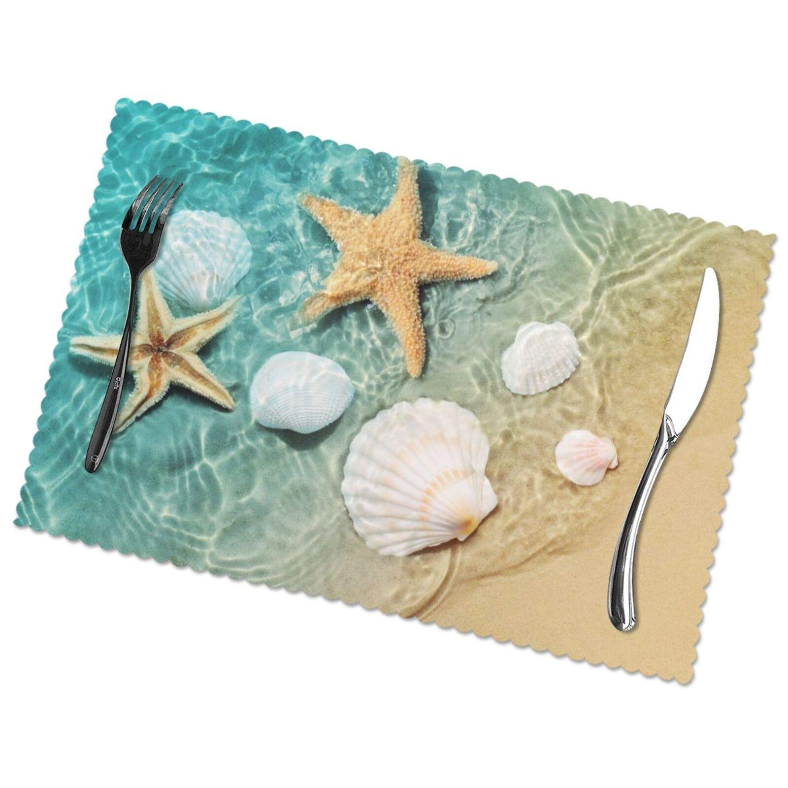 6-Pack Summer Starfish Placemats - Beach Themed Washable Non-Slip Table Mats (12