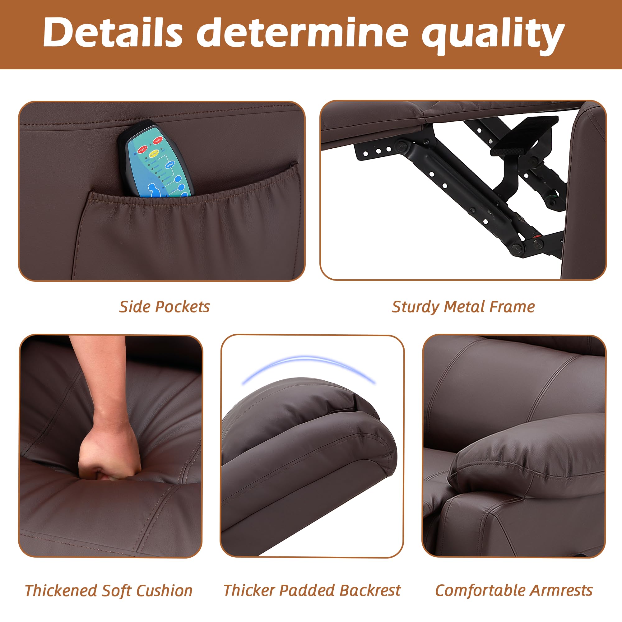 Premium Massage Recliner Chair with Heat Function - 360° Swivel & Rocking Motion, Faux Leather Living Room Sofa for Adults, Home Theater Seating with Convenient Side Pockets (Brown) - Perfect for Relaxation, Movie Nights & Living Room Comfort