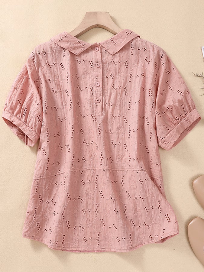 Lovevop Women's Cotton Peter Pan Collar Hollow Embroidered Sleeves Casual Blouse - Perfect for Office Wear, Dating & Spring Outfits