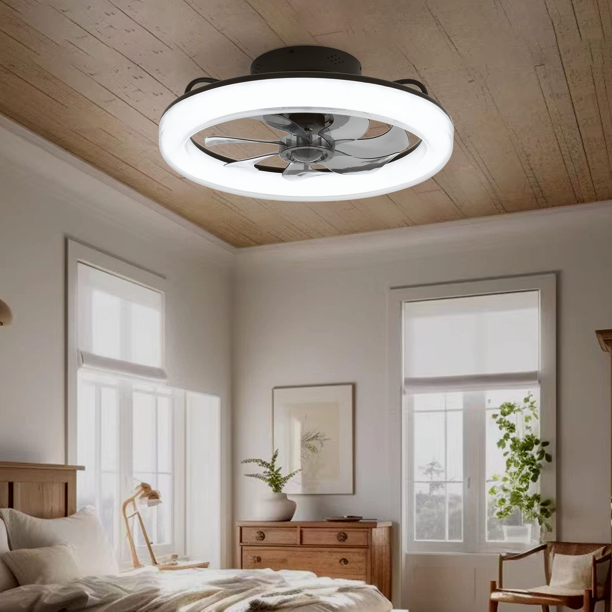 CHANFOK 20 Inch Low Profile Flush Mount Ceiling Fan with Dimmable LED Light, 6 Speed Reversible Blades, Remote & Smart App Control - Perfect for Bedroom, Living Room, and Office (Black)