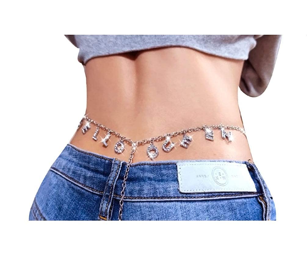 Sexy Rhinestone Waist Body Chain with Crystal Letter Pendant - Belly Jewelry for Women (Hello Queen) | Perfect for Bachelorette Parties, Beach Vacations & Festival Outfits