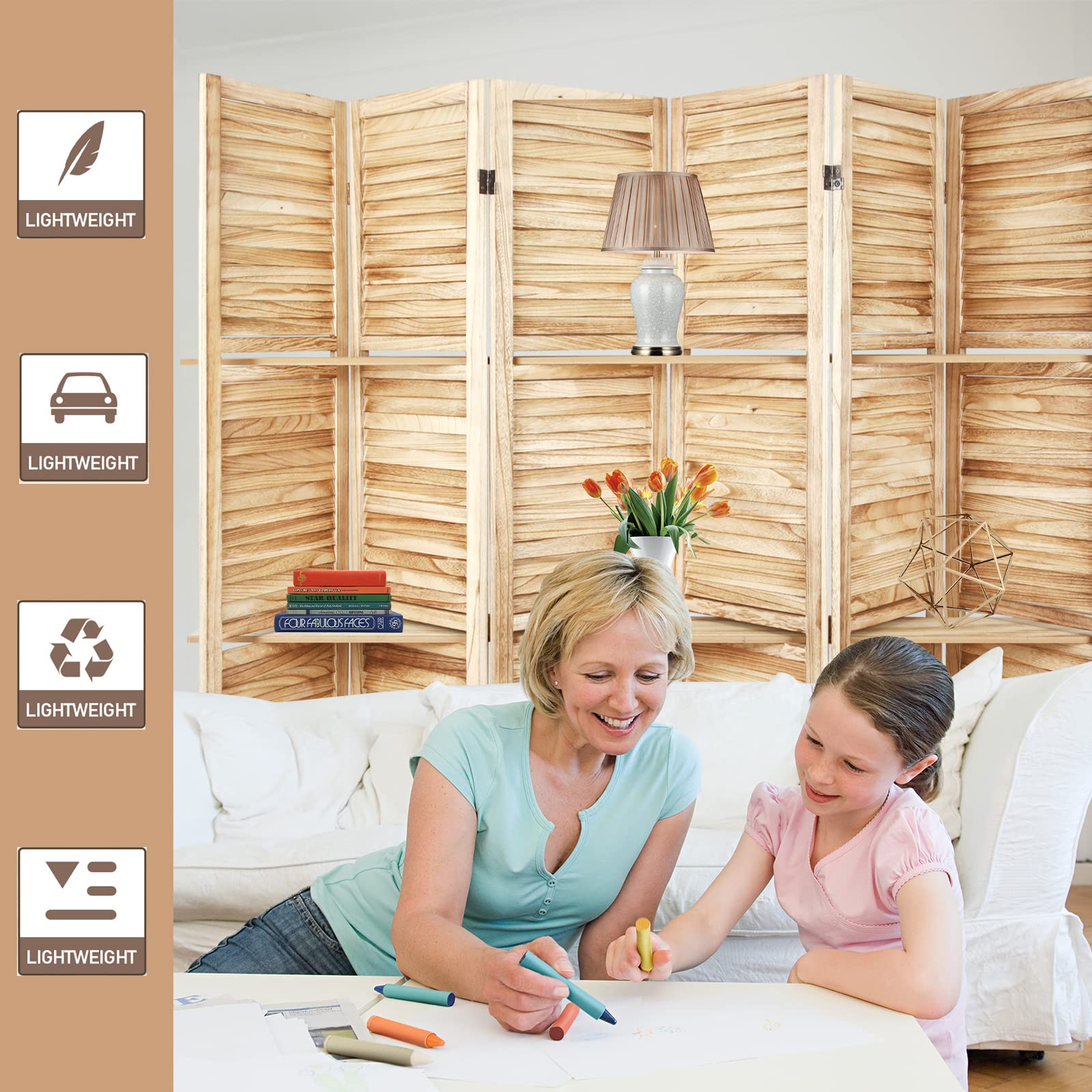 ECOMEX 6 Panel Wood Folding Room Divider Screen with Shelves - Freestanding Partition with Display Shelves, Easy to Move (Natural Color) - Perfect for Home Office, Living Room & Bedroom Privacy