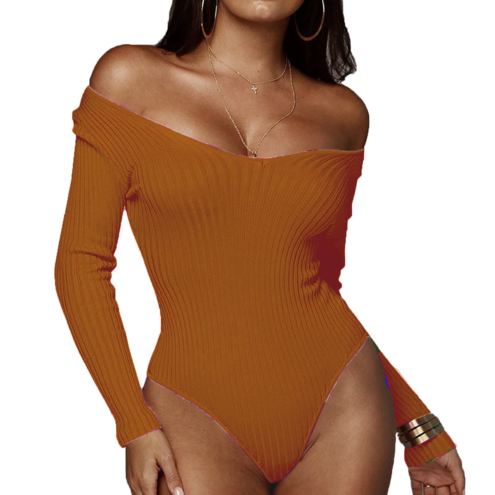Sexy V Neck Bodysuit for Women - Basic Ribbed Long Sleeve Jumpsuit Top | Fall Fashion Layering Piece for Date Night & Office Wear
