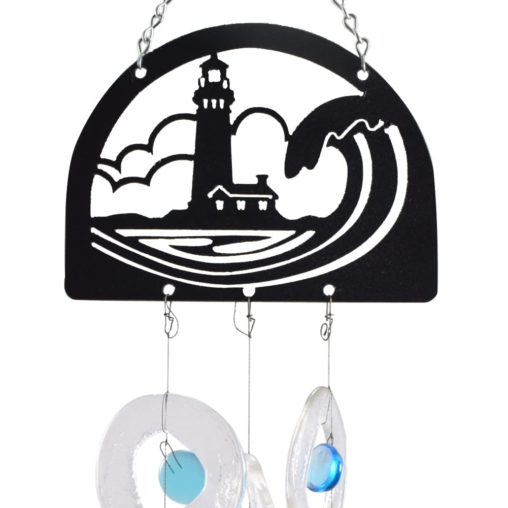 Eco-Friendly Recycled Glass Bottle Wind Chime with Nautical Lighthouse Design - Perfect for Coastal Home Decor and Outdoor Garden Ambiance