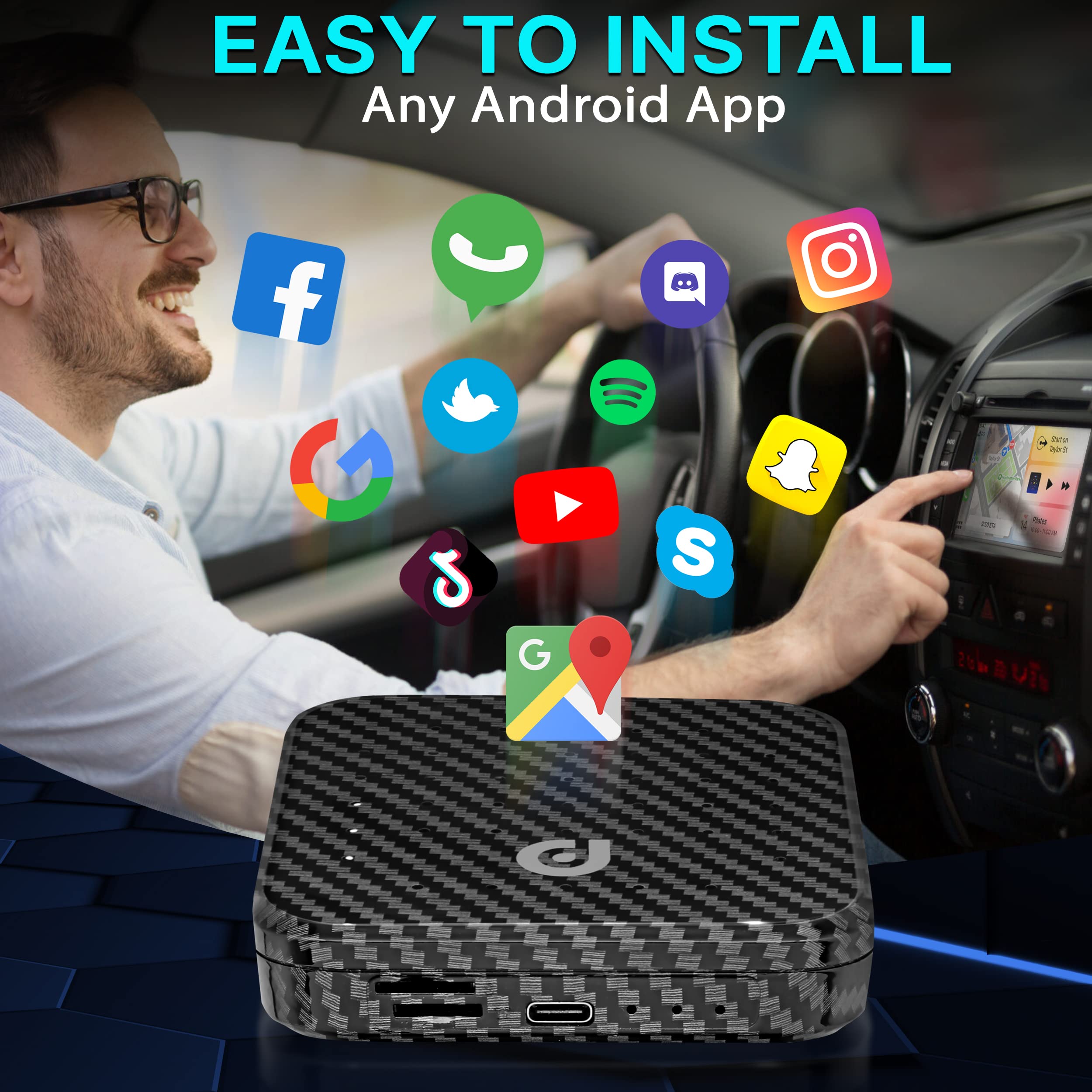 PyleUSA Wireless CarPlay & Android Auto Multimedia Video Box - 4GB RAM 64GB ROM, 2.4GHz/5GHz Dual Band WiFi, Bluetooth, Octa-Core 64Bit Processor, 4K Full HD H.265, USB 3.0 Android Box with Screen Mirroring - Perfect for Car Entertainment & Smartphone Integration
