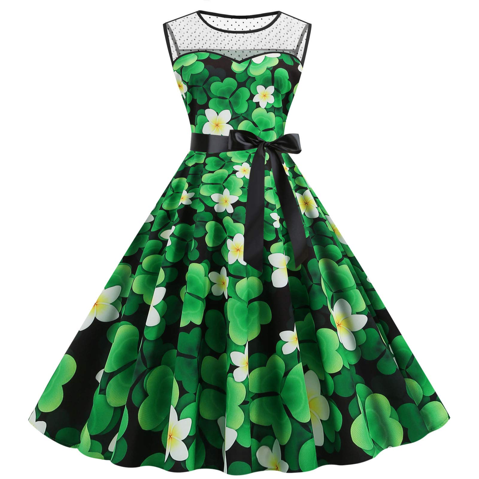 Vintage Green Shamrock Dress for Women - St. Patrick's Day Costume, Sleeveless Lace Party Dress, A-Line Swing Cocktail Dress for Evening Prom & Festive Occasions | Perfect for Irish Themed Parties, Pub Crawls, and Holiday Celebrations