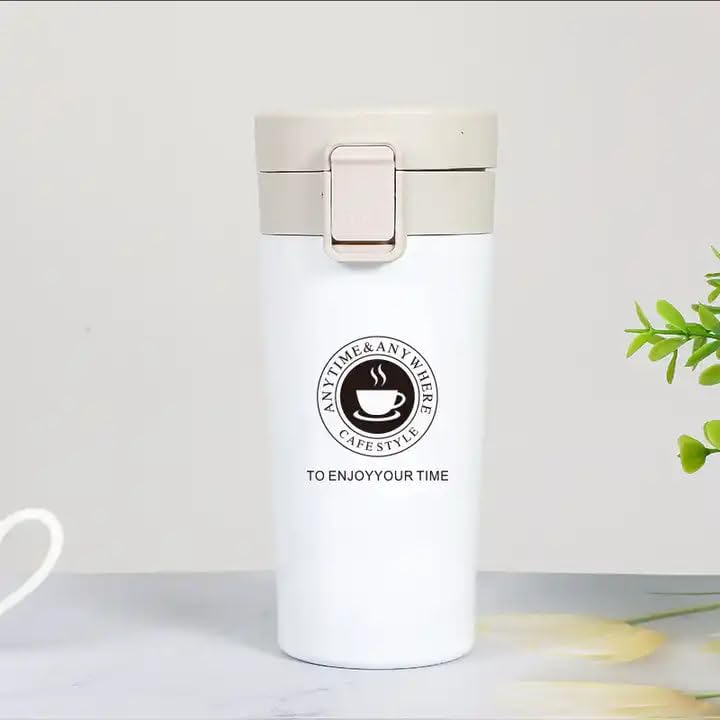 Premium Stainless Steel Vacuum Insulated Coffee Travel Mug - 380ml Leakproof Flip Lid Tumbler for Hot & Cold Beverages, Keeps Coffee & Tea Warm for Hours - Perfect for Travel, Office, School, Camping & Commuting (White)