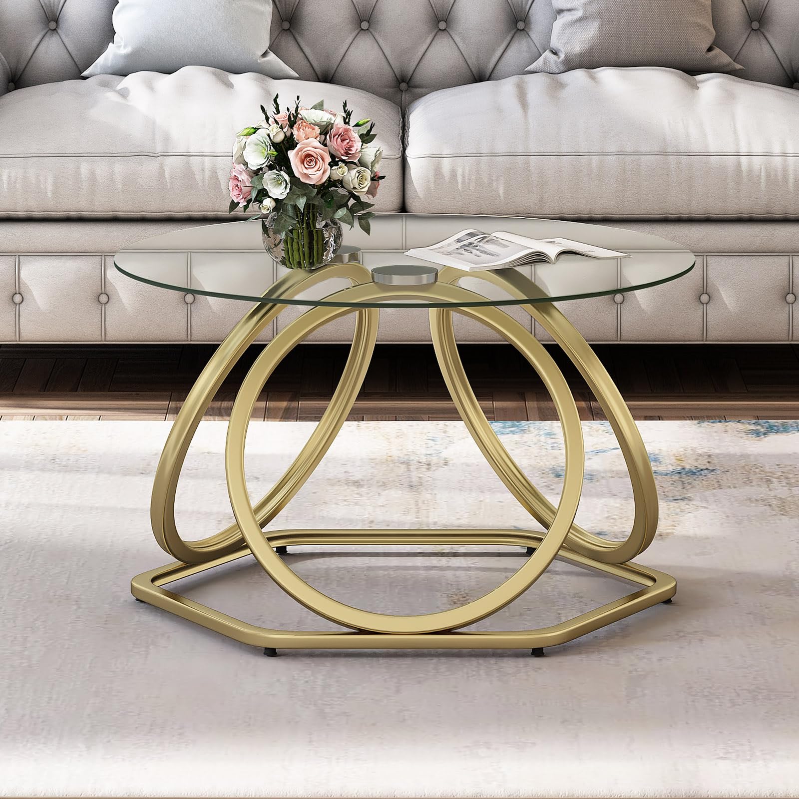Modern Gold Glass Coffee Table with Hexagonal Base - Round Living Room & Office Table - Elegant Gold Finish - Perfect for Home Decor, Lounge, and Workspace - 1 PC