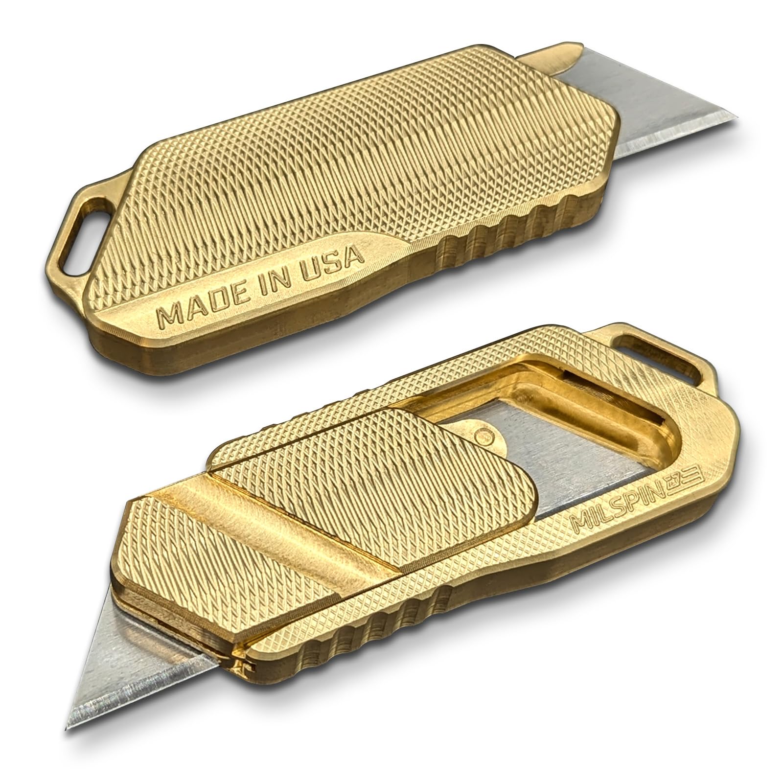 Milspin Magnus Utility Knife - Retractable Box Cutter with Razor Blade | EDC Pocket Knife for Everyday Carry | Veteran Made in USA (Brass 2.0) | Perfect for Office, Warehouse & Outdoor Activities
