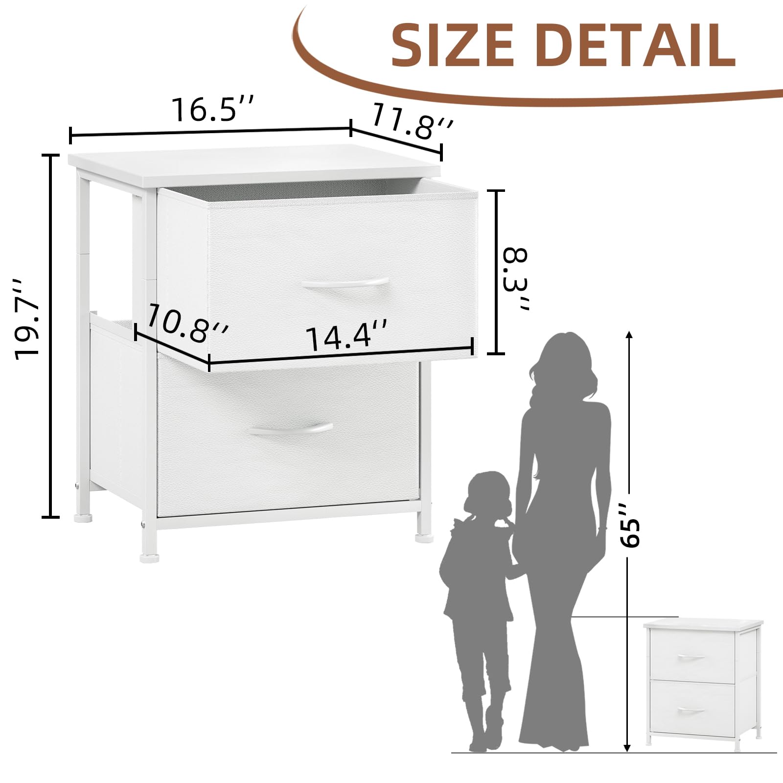 White Nightstand with 2 Drawers & Fabric Bins - Small Dresser for Bedroom, Bedside Table, End Table - Perfect for Kids Room, Closet, Dorm & Guest Room (White Leather) - Ideal for Bedroom Storage & Organization