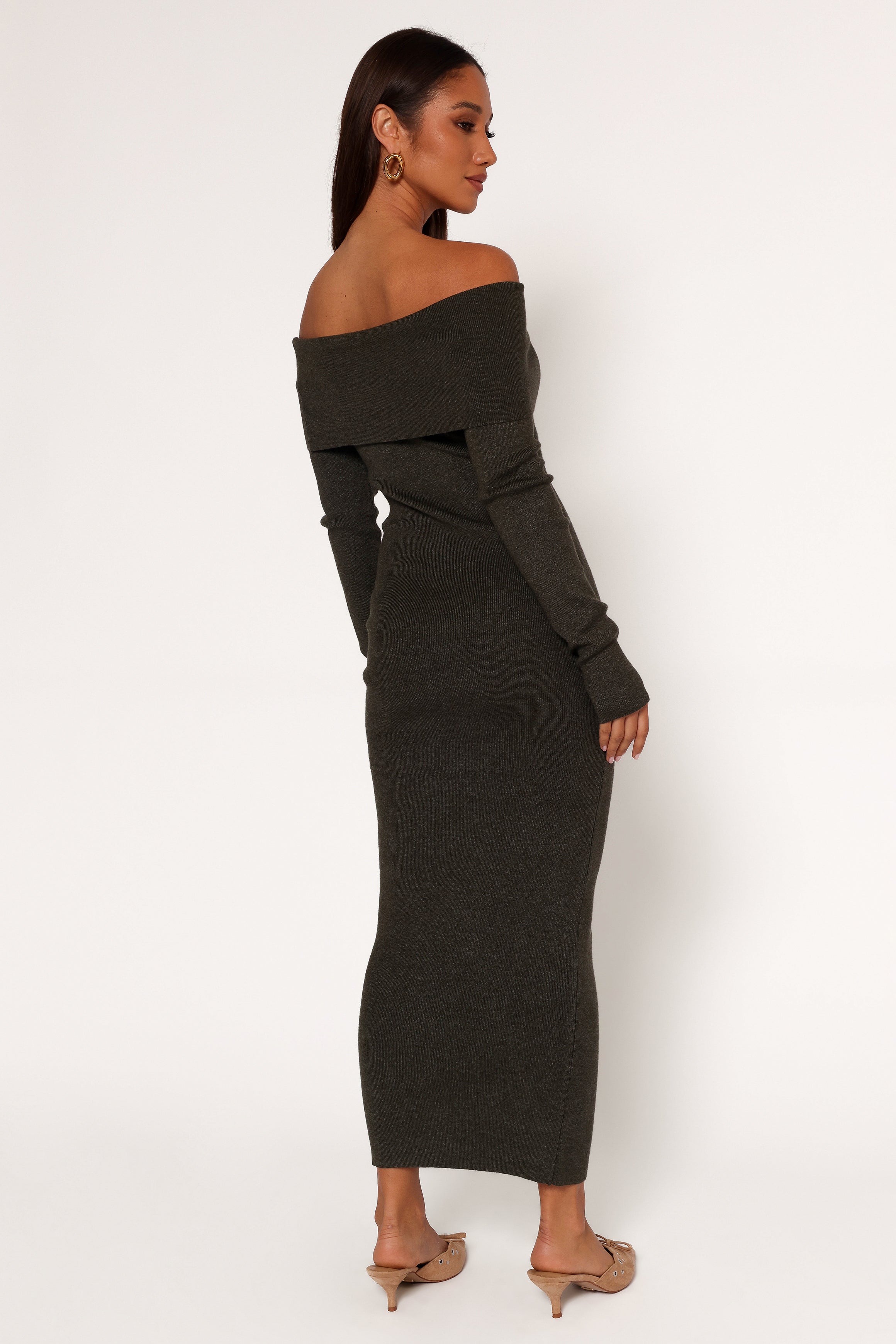 Archie Off The Shoulder Midi Dress for Women - Olive Green Flowy Summer Dress | Perfect for Beach Vacations, Date Nights & Outdoor Parties