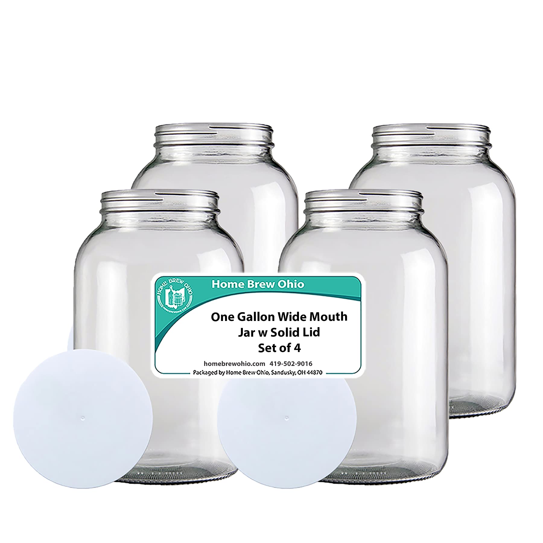 Home Brew Ohio 1 Gallon Glass Wide Mouth Jar with Solid Lid - Set of 4 - Perfect for Fermenting, Pickling, Canning & DIY Craft Projects