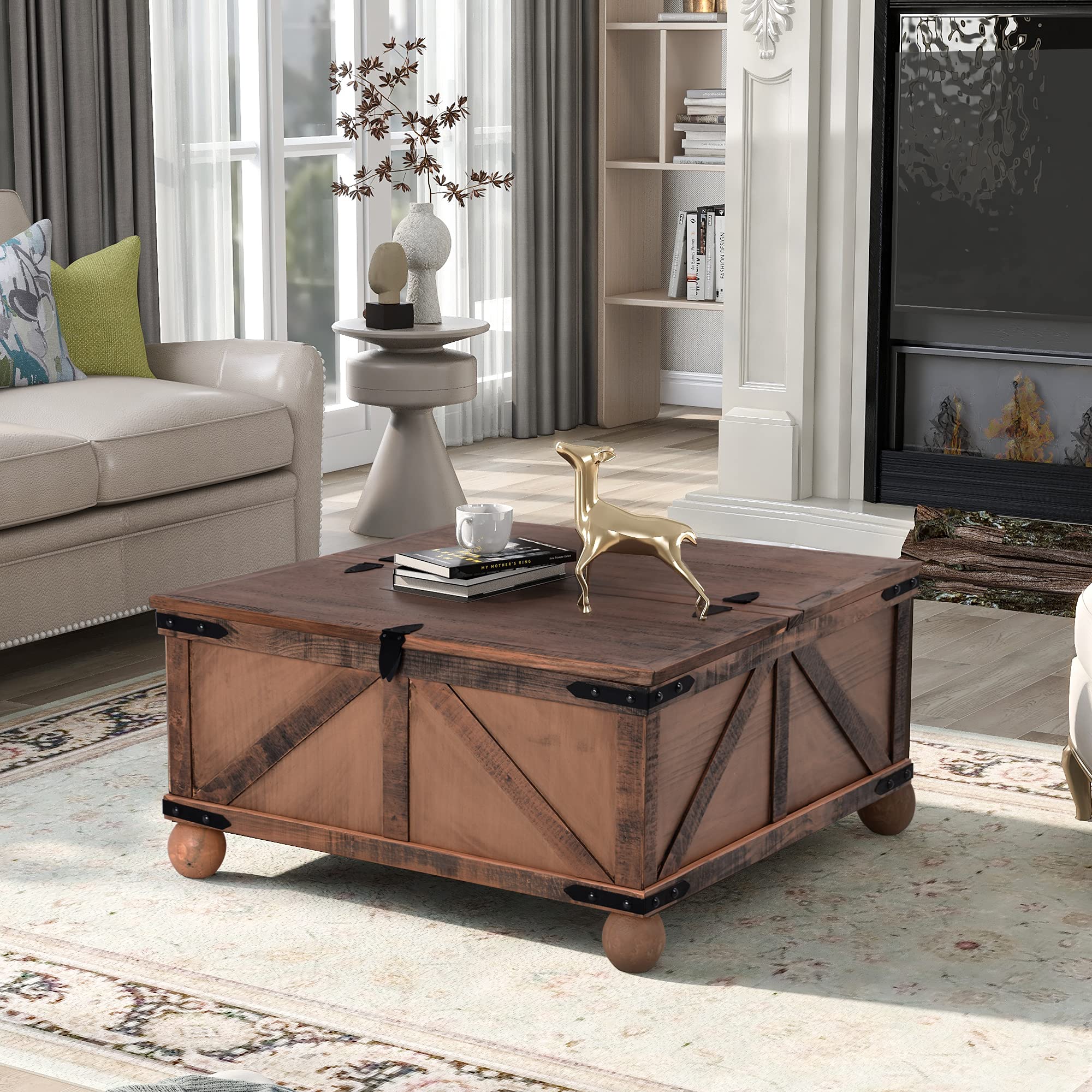 Farmhouse Square Coffee Table with Storage - Lift Top Wood Center Table for Living Room, Rustic Brown - Perfect for Small Spaces, Home Decor & Entertaining Guests