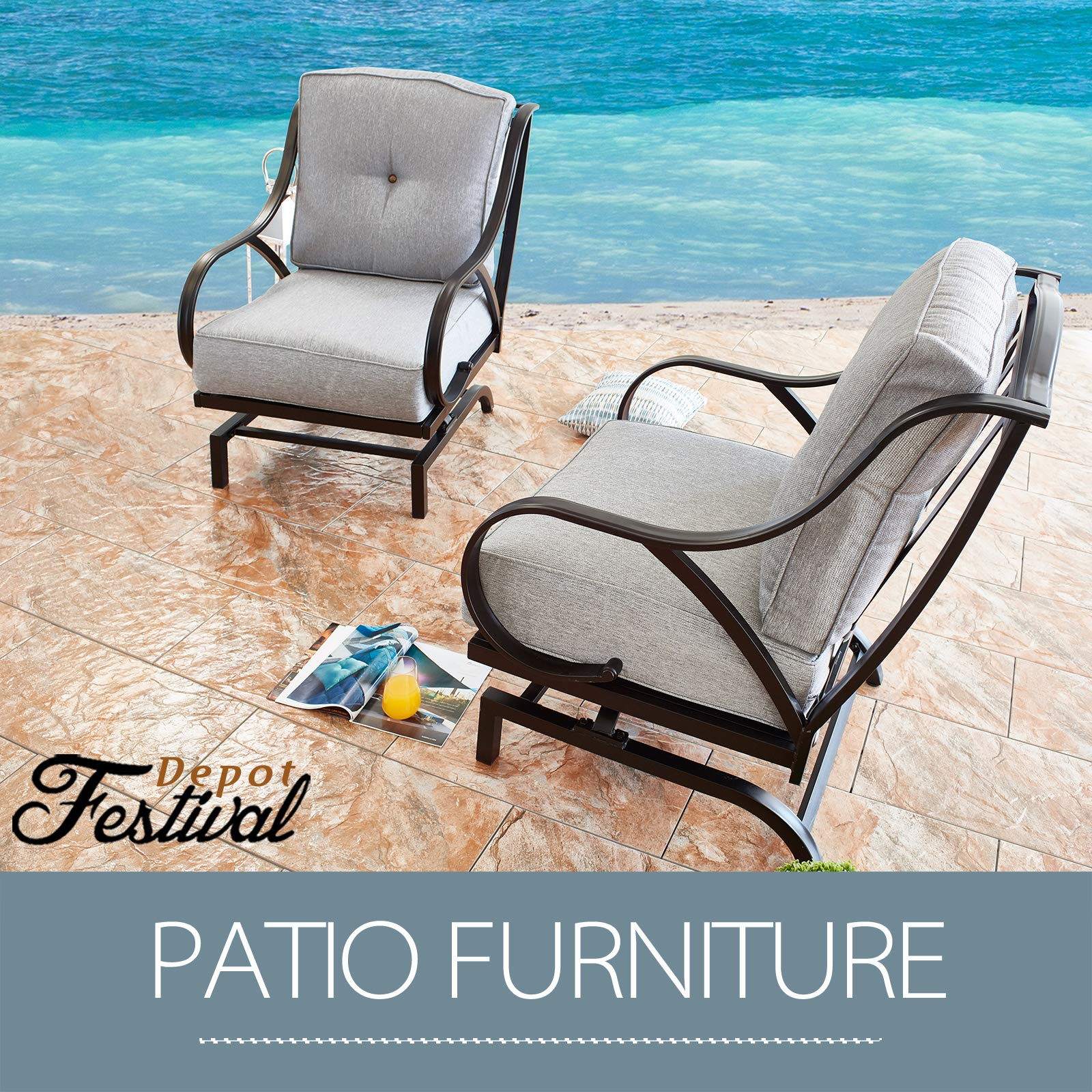 Festival Depot 2-Piece Metal Patio Chair Set with Thick Cushions - Outdoor Bistro Furniture for Deck, Garden & Backyard (Grey) - Perfect for Relaxing, Entertaining & Outdoor Dining