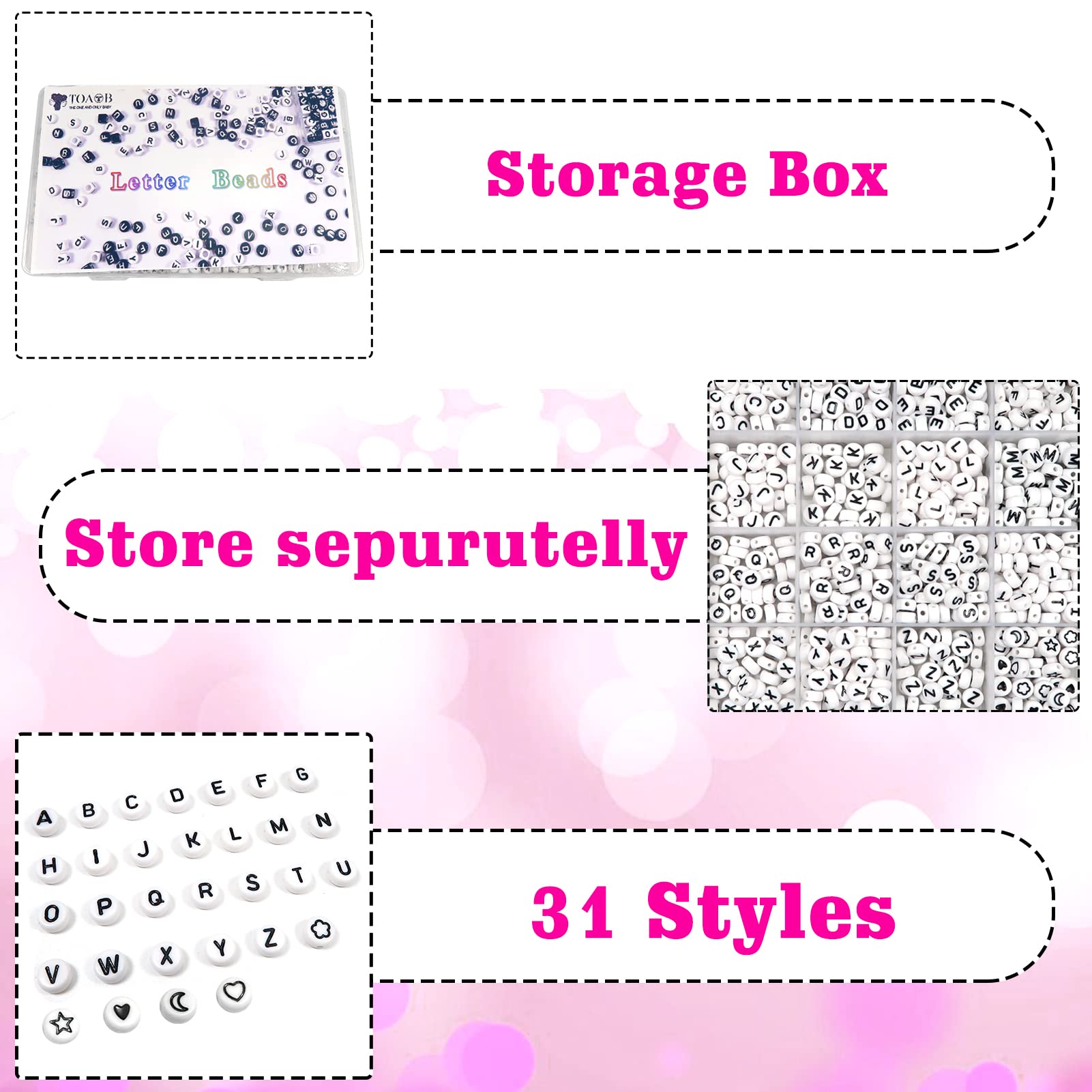 TOAOB 1440pcs 4x7mm White Round Acrylic Alphabet Beads A-Z with Black Letters & Star Heart Charms - DIY Jewelry Making Kit for Bracelets, Necklaces, Keychains - Perfect for Girls Crafts, Friendship Gifts, Party Favors and Personalized Accessories