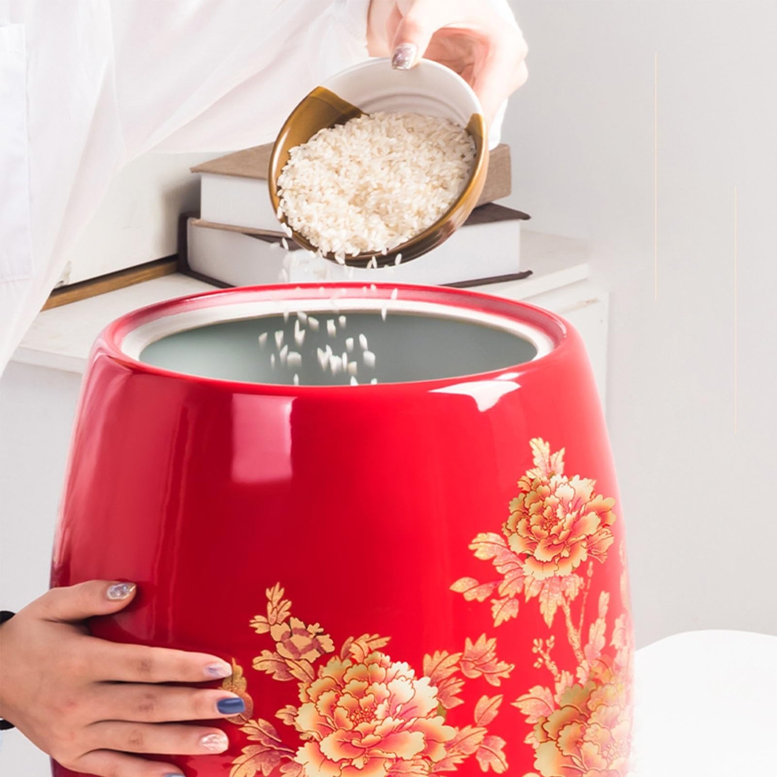 Large Ceramic Rice Storage Jar with Lid - 5kg/10kg/15kg/25kg Capacity - Airtight Food Container for Rice, Flour & Dry Goods - Classic Home Kitchen Storage Solution - Perfect for Pantry Organization & Bulk Food Preservation (Red)