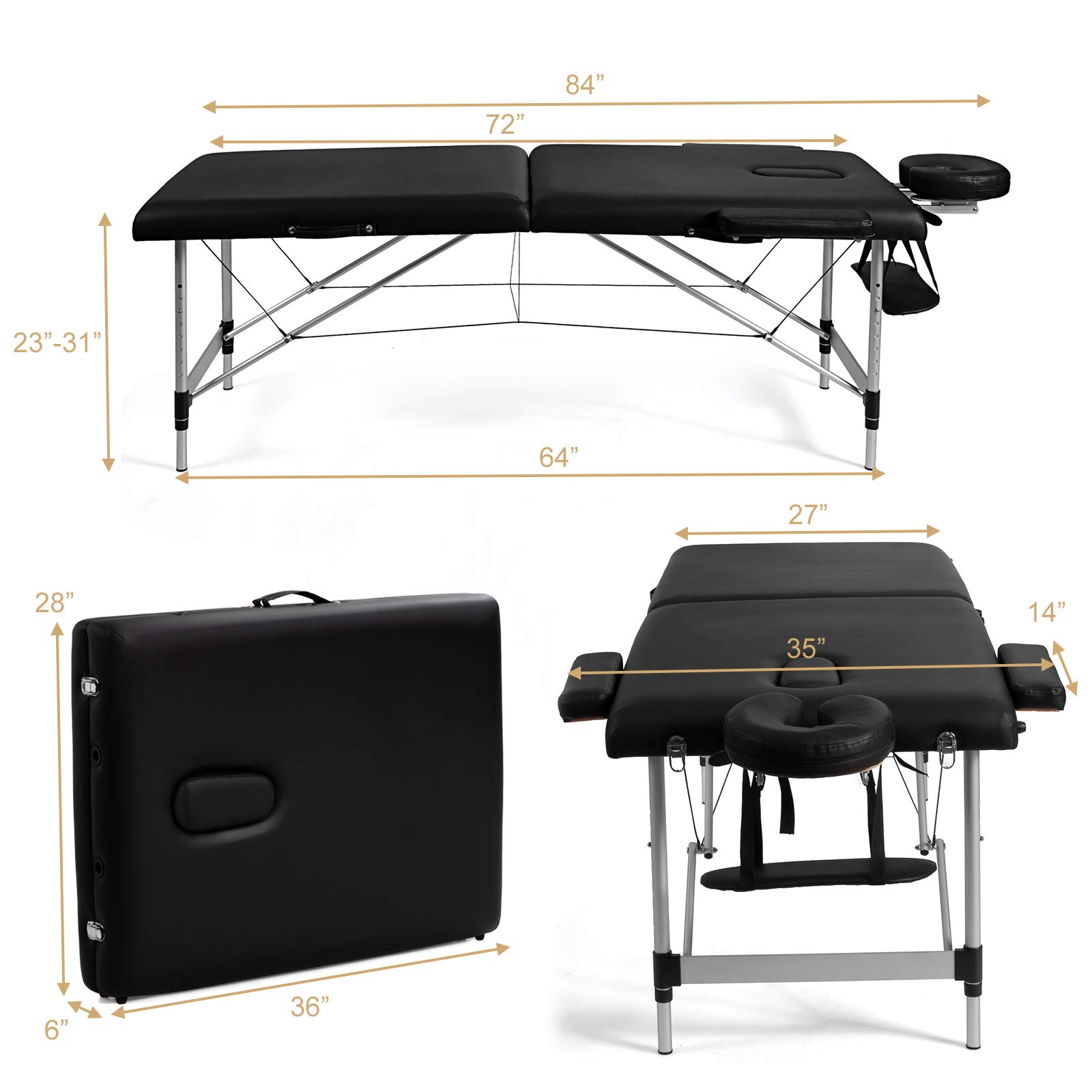 WELLHUT Portable Folding Massage Table - Adjustable Height Spa Bed with Armrests & Headrest for Salon, Lash Extensions, Tattoo & Therapy | Includes Face Cradle & Carrying Bag | Perfect Gift for Women & Professionals | Ideal for Home Use, Mobile Services & Spa Businesses (Black)