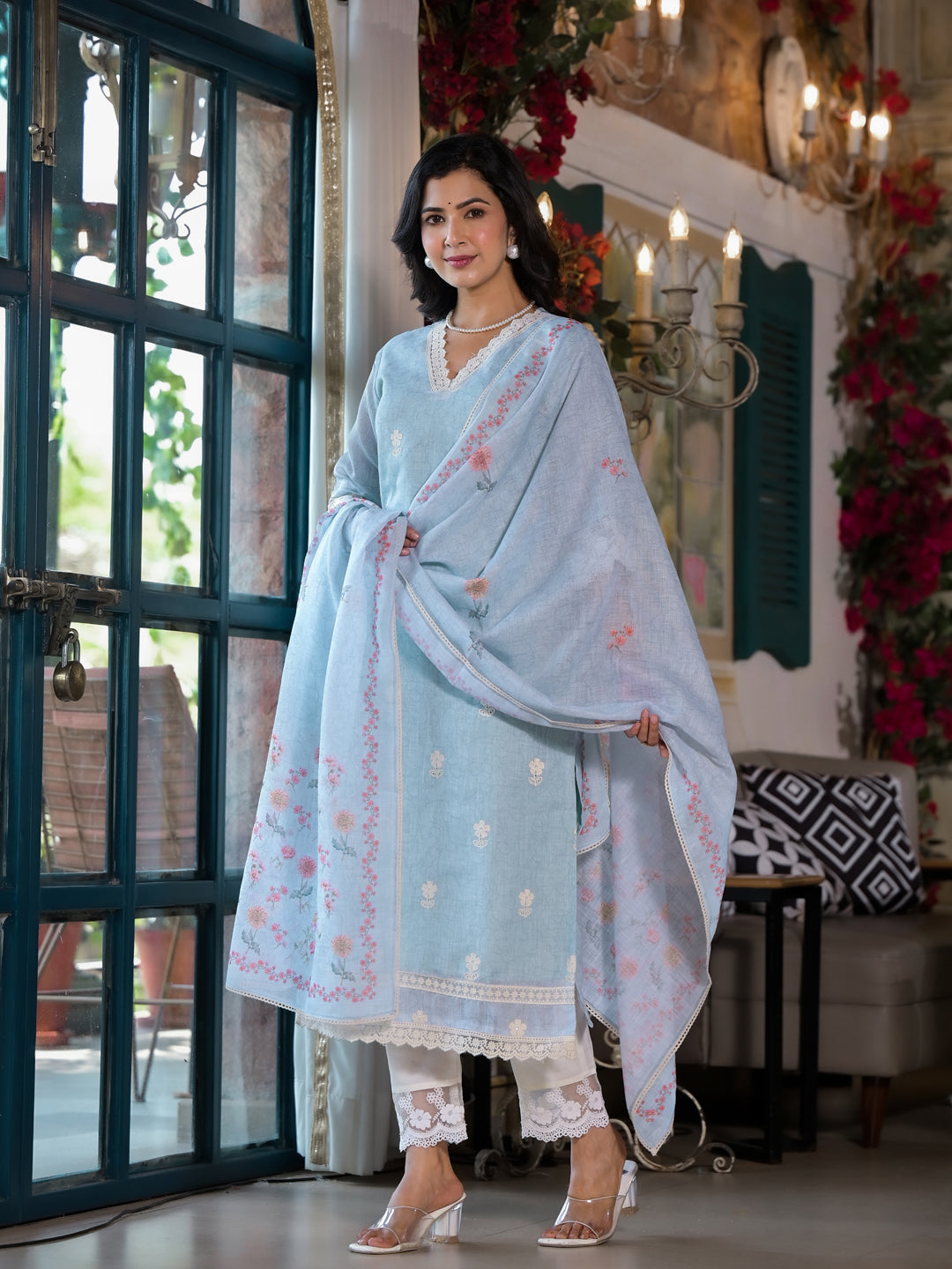 Stylish Blue Linen Pant Suit for Women - Digital Printed Designer Outfit - Perfect for Office Wear, Business Meetings & Formal Events
