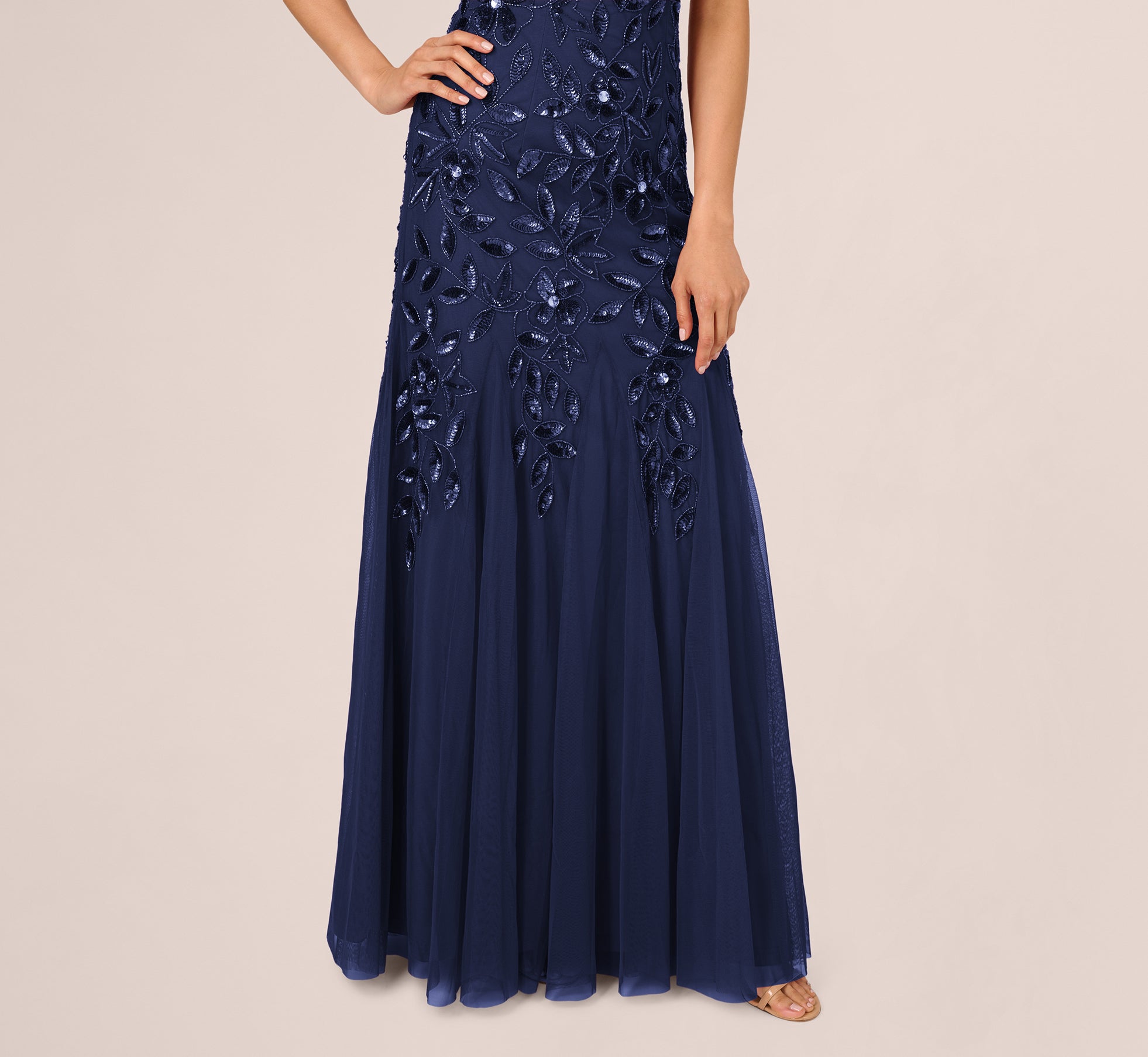 Floral Beaded One Shoulder Mermaid Gown with Godet Skirt in Light Navy - Elegant Evening Dress for Prom, Wedding, and Special Occasions