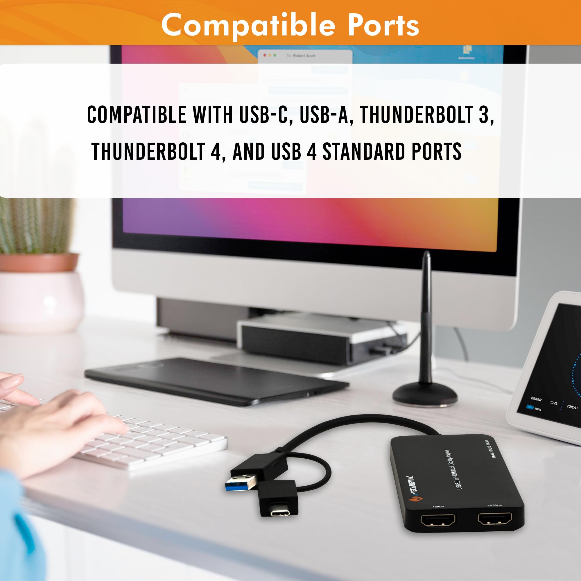 J-Tech Digital USB C to HDMI Adapter 4K 30Hz & 1080P 60Hz - Dual Monitor Adapter for USB-A/USB-C - USB Powered with Mirror/Extend/Rotation/Clamshell Modes - Ideal for Home Office, Gaming & Presentations [JTD-USB-2HDMI]