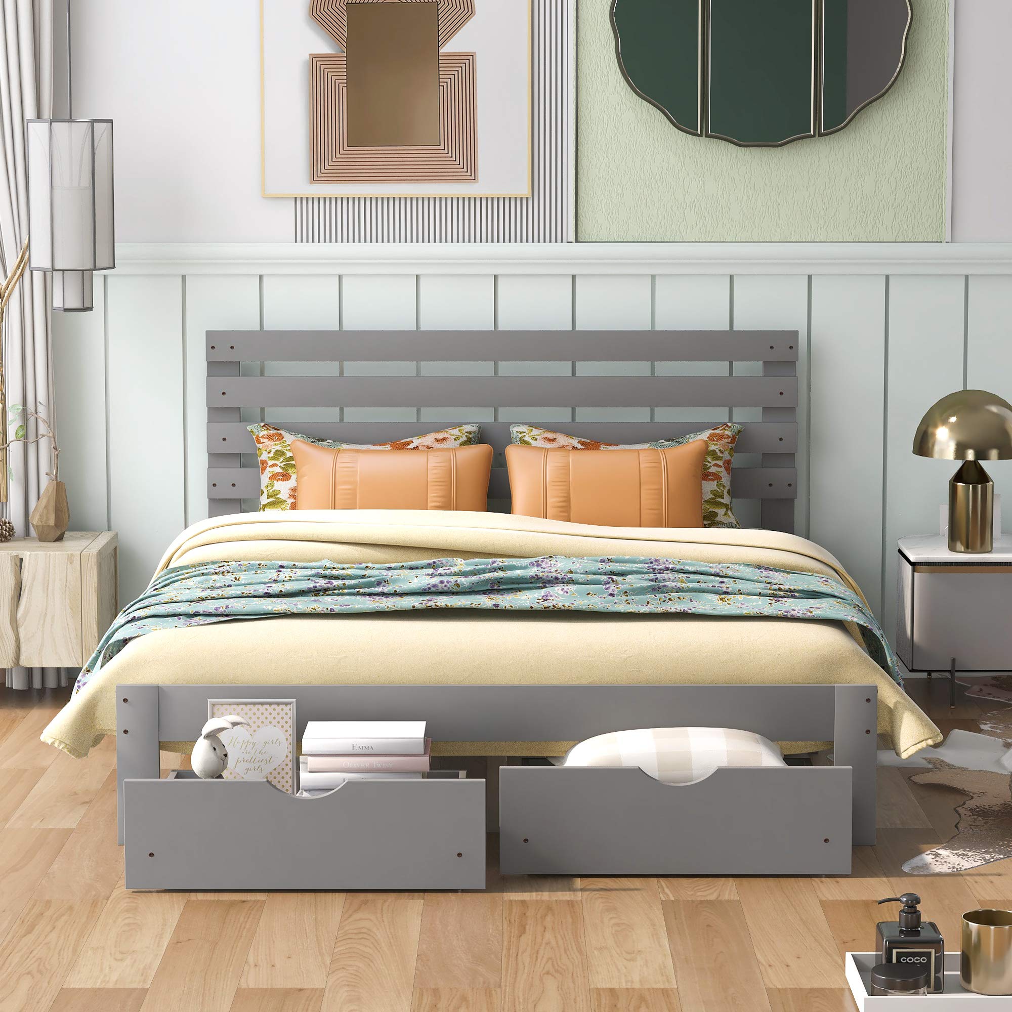 Merax Queen Size Platform Bed Frame with Headboard & 2 Storage Drawers - Solid Wood Slat Support, No Box Spring Needed, Gray - Perfect for Small Bedrooms, Guest Rooms & Modern Apartments