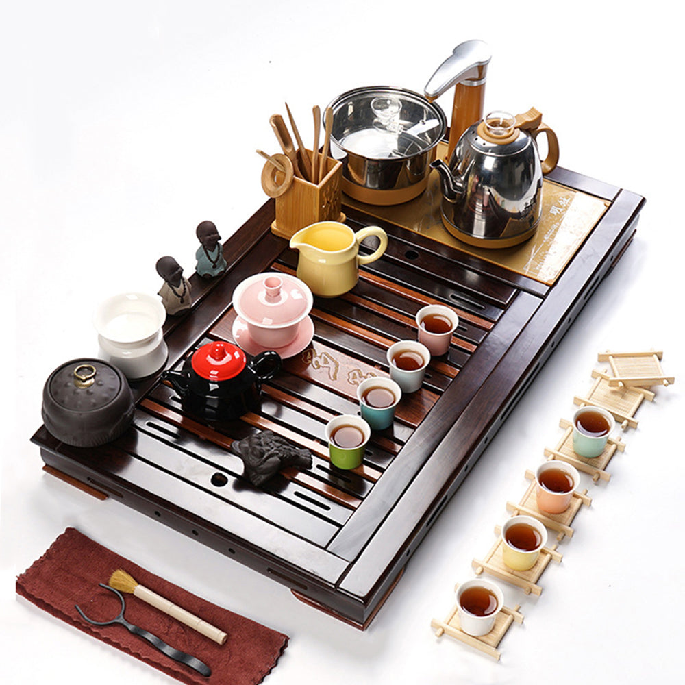 Elegant Colorful Ceramic Tea Set with Rosewood Ebony Tea Tray - Perfect for Japanese Tea Ceremony, Home Decor & Gift Giving