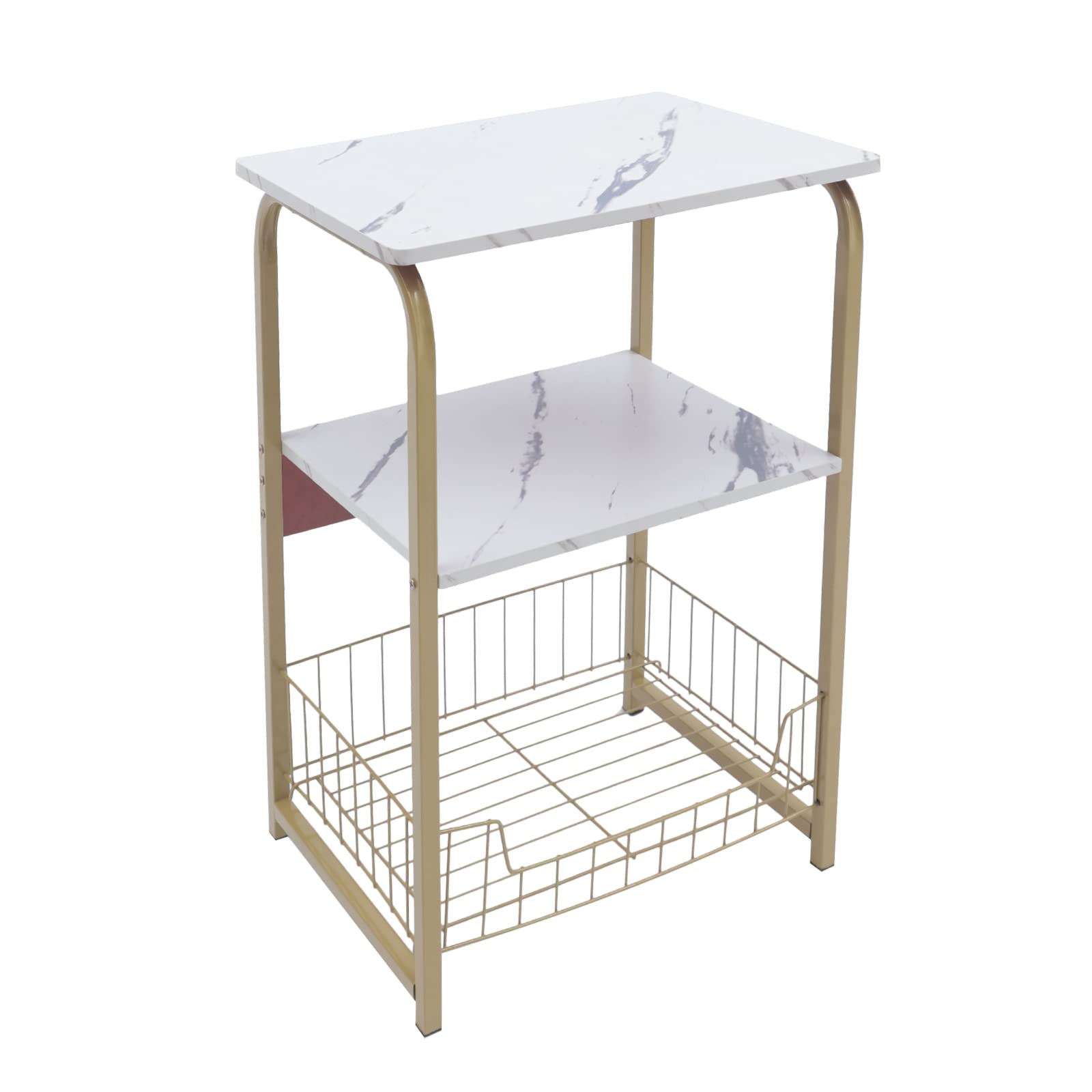 Modern White Marble End Table with 2-Tier Shelf & Storage Basket - Gold Metal Frame Side Table for Living Room, Bedroom & Office