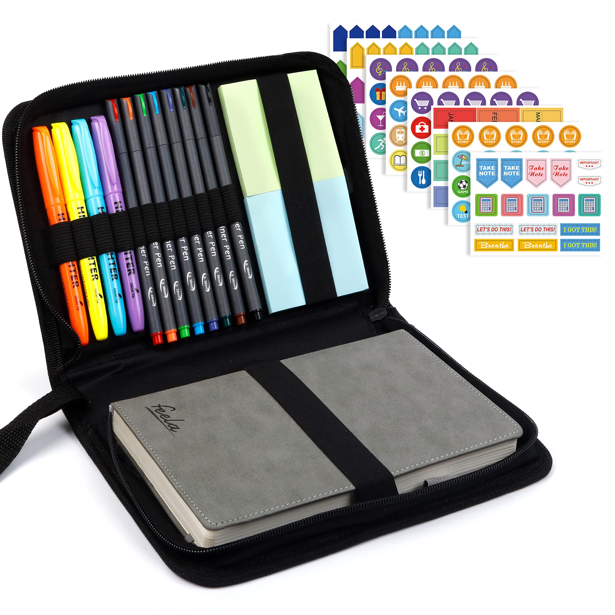 2025 Undated Planner - A5 Monthly & Weekly Academic Planner Kit for Students | Includes Highlighters, Note Stickers & Fineliner Pens | 1-Year School Supplies | Gray | Perfect for College, High School & Daily Organization