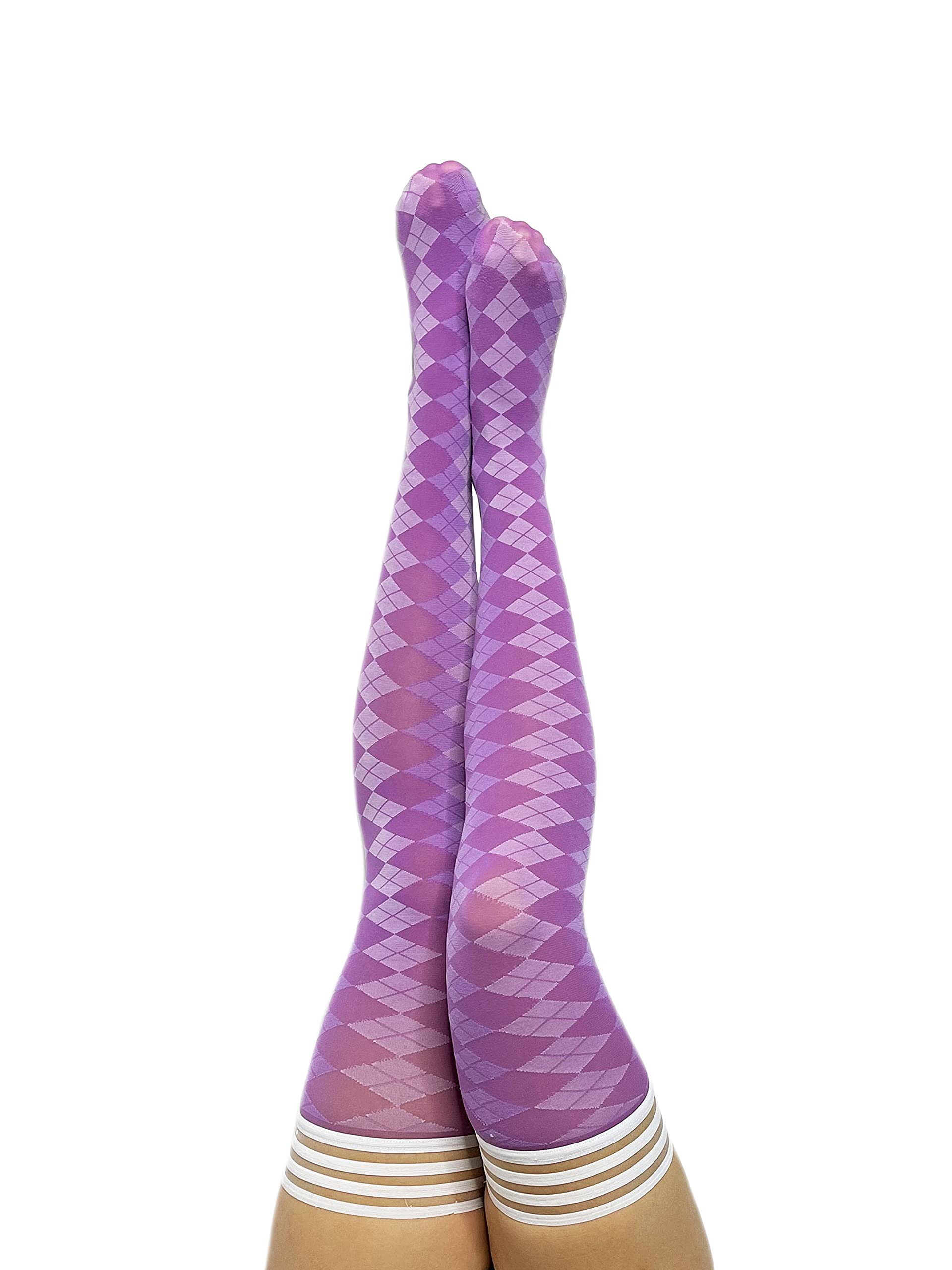 Kix'ies Thigh High Stockings for Women - No Slip Grip Stay Up Thigh Bands | Sexy Lingerie & Hosiery | Purple Argyle Pattern (1347A) | Perfect for Date Nights, Office Wear & Special Occasions