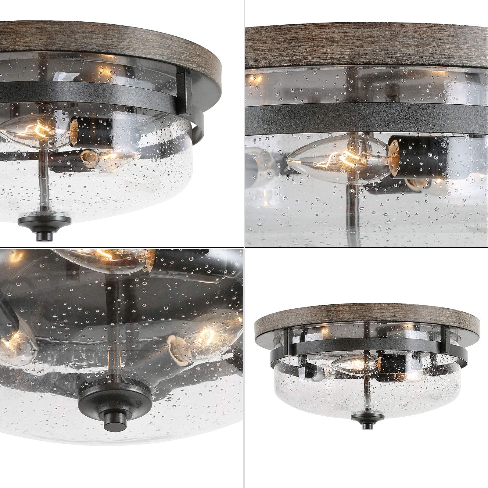 Farmhouse Flush Mount Ceiling Light Fixture - Faux Wood Finish & Seeded Glass Cover - 13.5