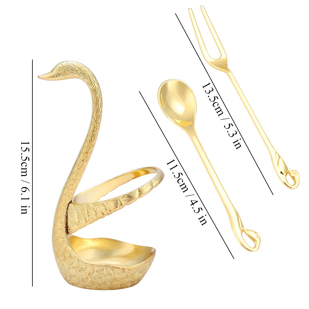 Elegant Swan-Shaped Metal Flatware Set - 3 Forks & 3 Spoons with Gold Holder for Coffee, Dessert, Dinner & Fruit | Stylish Tableware for Parties, Weddings & Home Decor