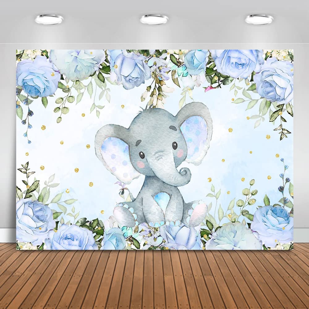 Blue Floral Elephant Baby Shower Backdrop - Avezano 7x5ft Party Decoration Banner for Elephant-Themed Nursery, Birthday & Gender Reveal Celebrations